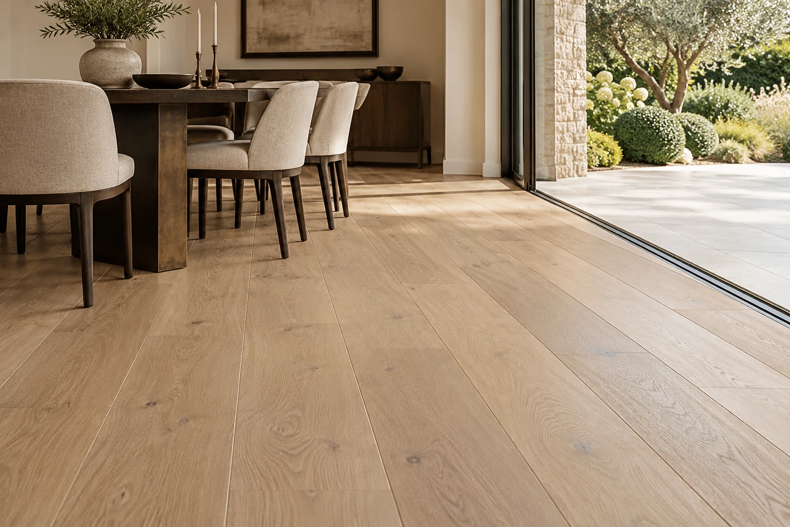 Illustrative British interior with pale brushed oak wide-plank flooring