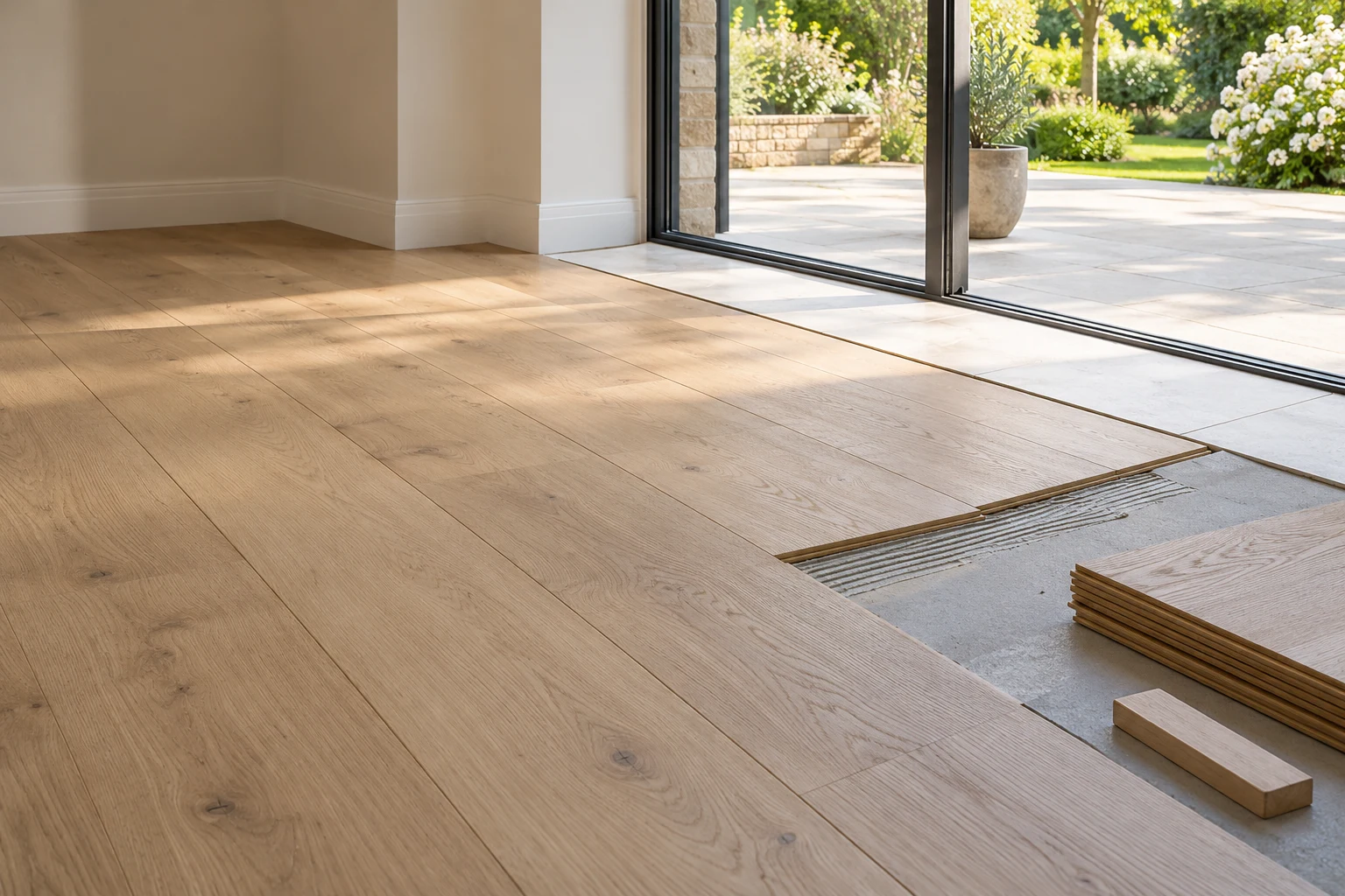 Illustrative partial timber-board floor installation beside prepared substrate