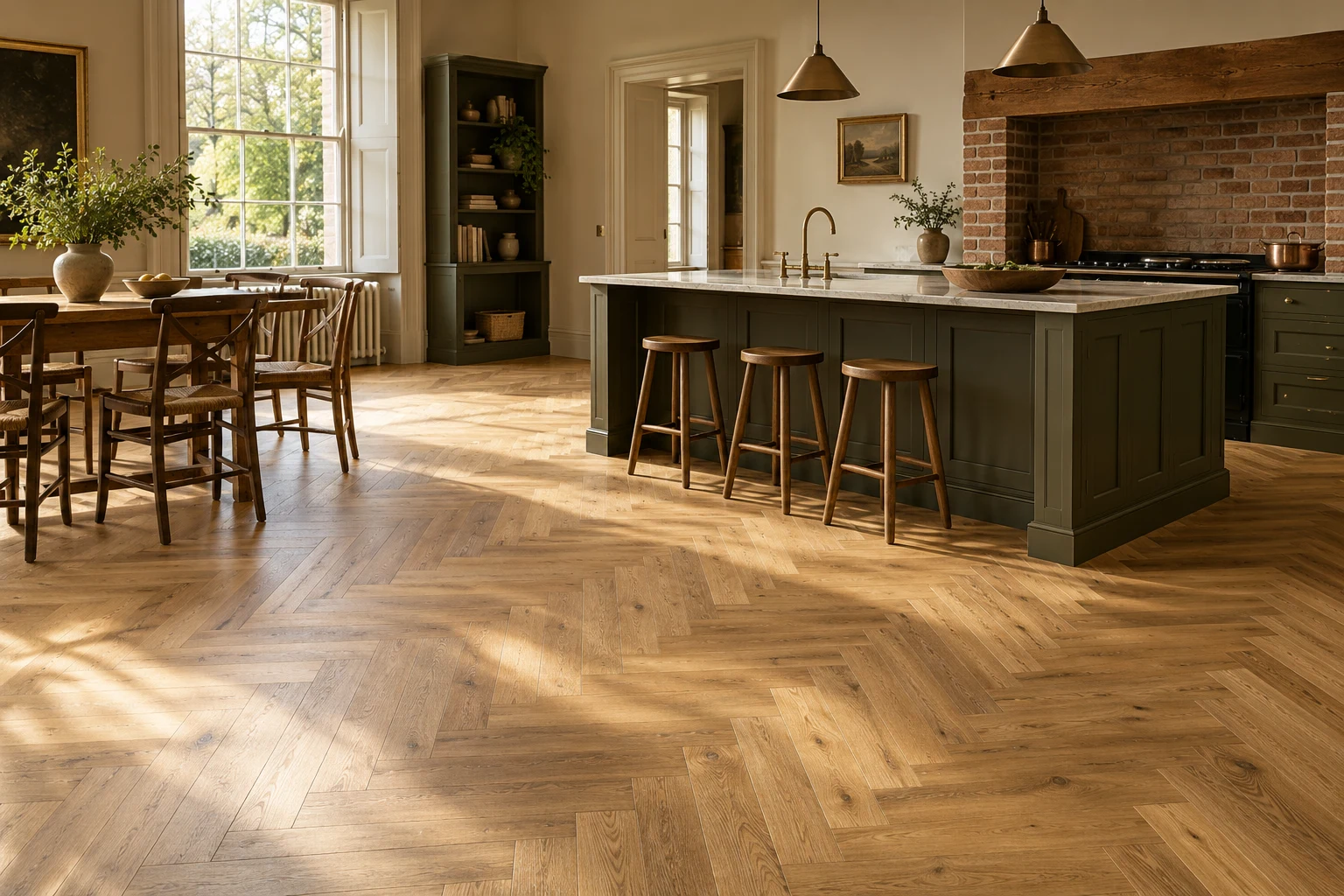 Illustrative kitchen-dining interior with timber plank flooring