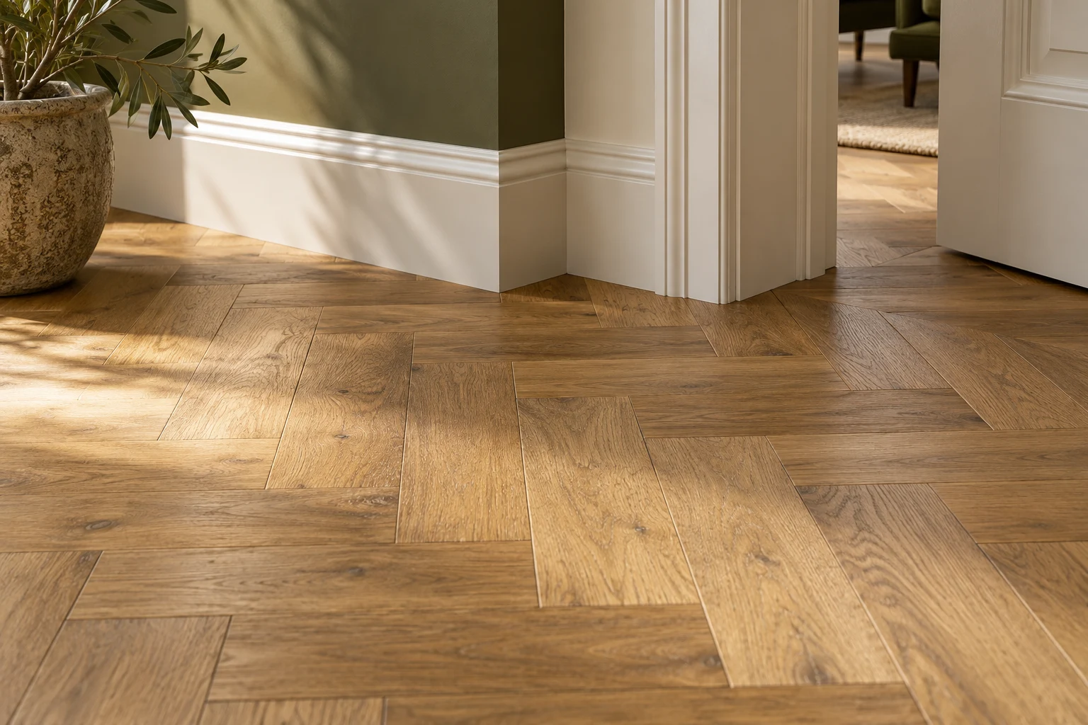 Illustrative finished timber floor junction with adjoining surfaces