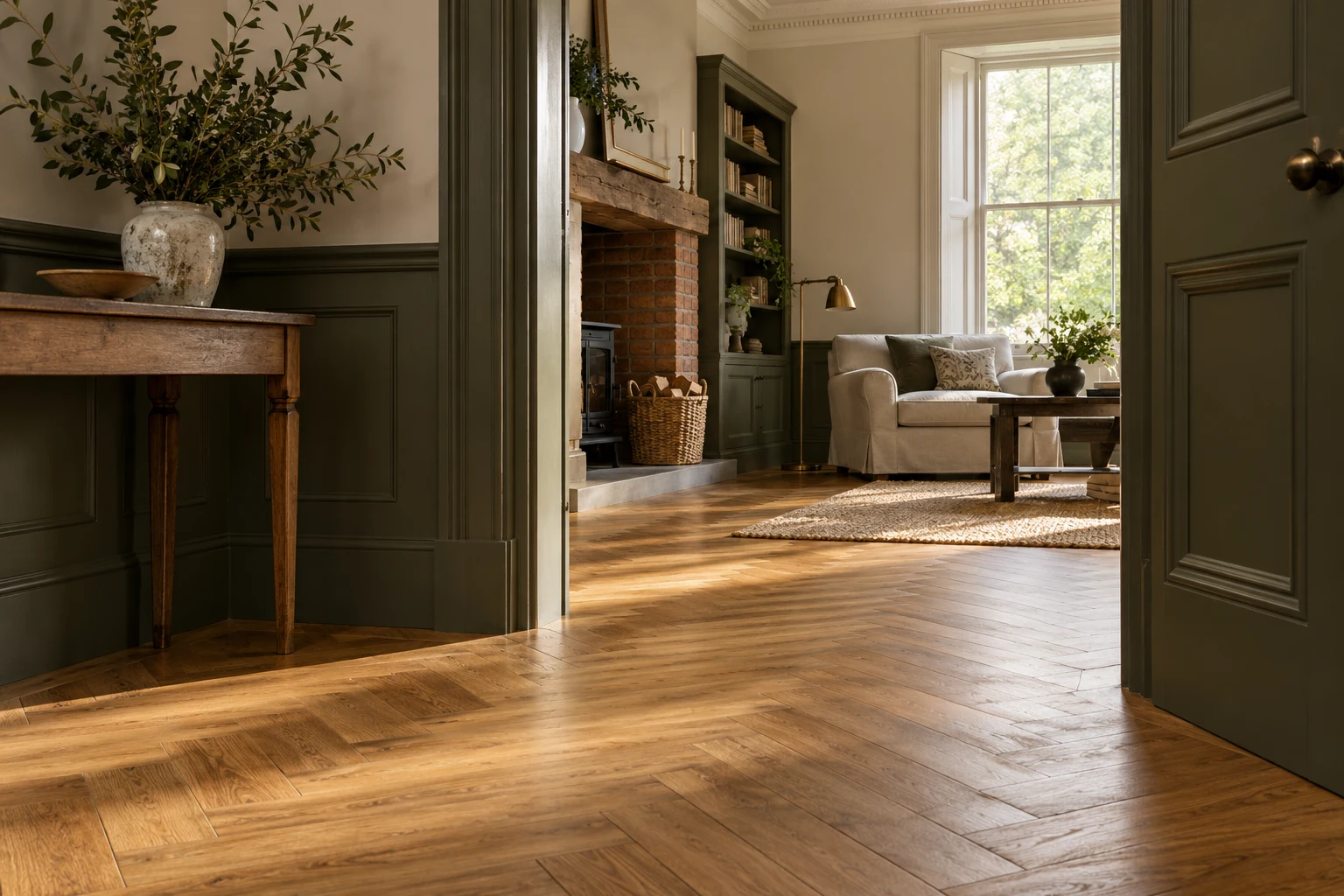 Illustrative hallway with a timber-effect floor and painted door surround