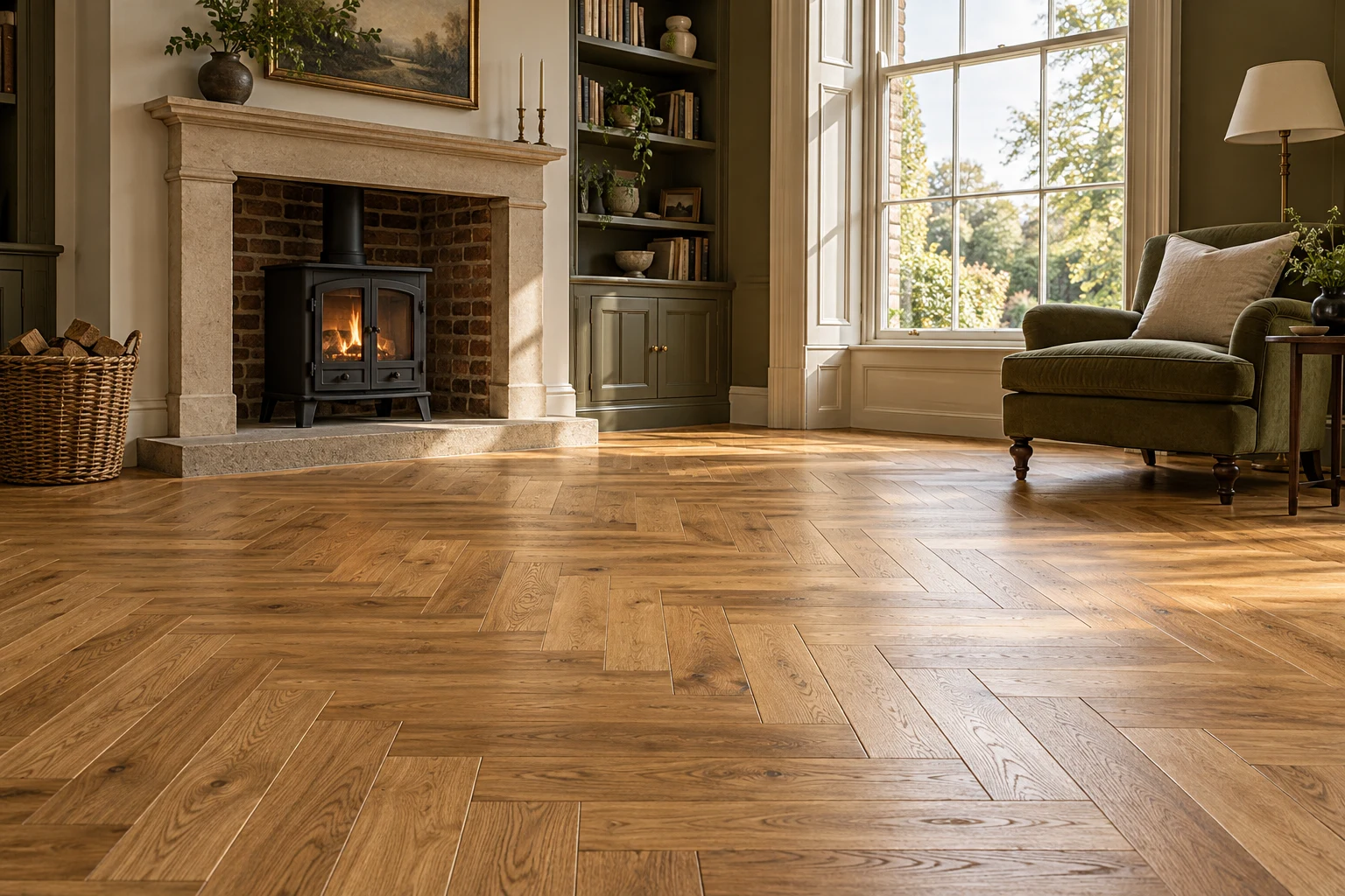 Illustrative British interior with golden oak herringbone flooring