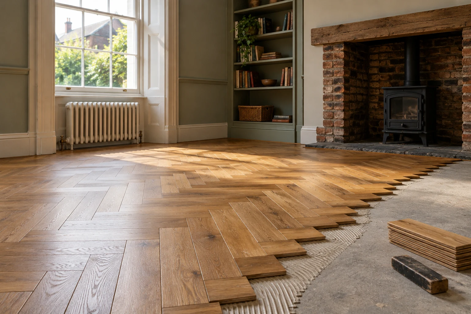 Illustrative partial timber-board floor installation beside prepared substrate