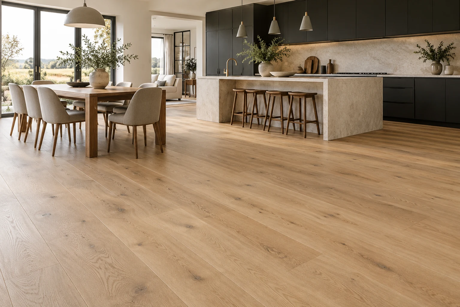 Illustrative kitchen-dining interior with timber plank flooring