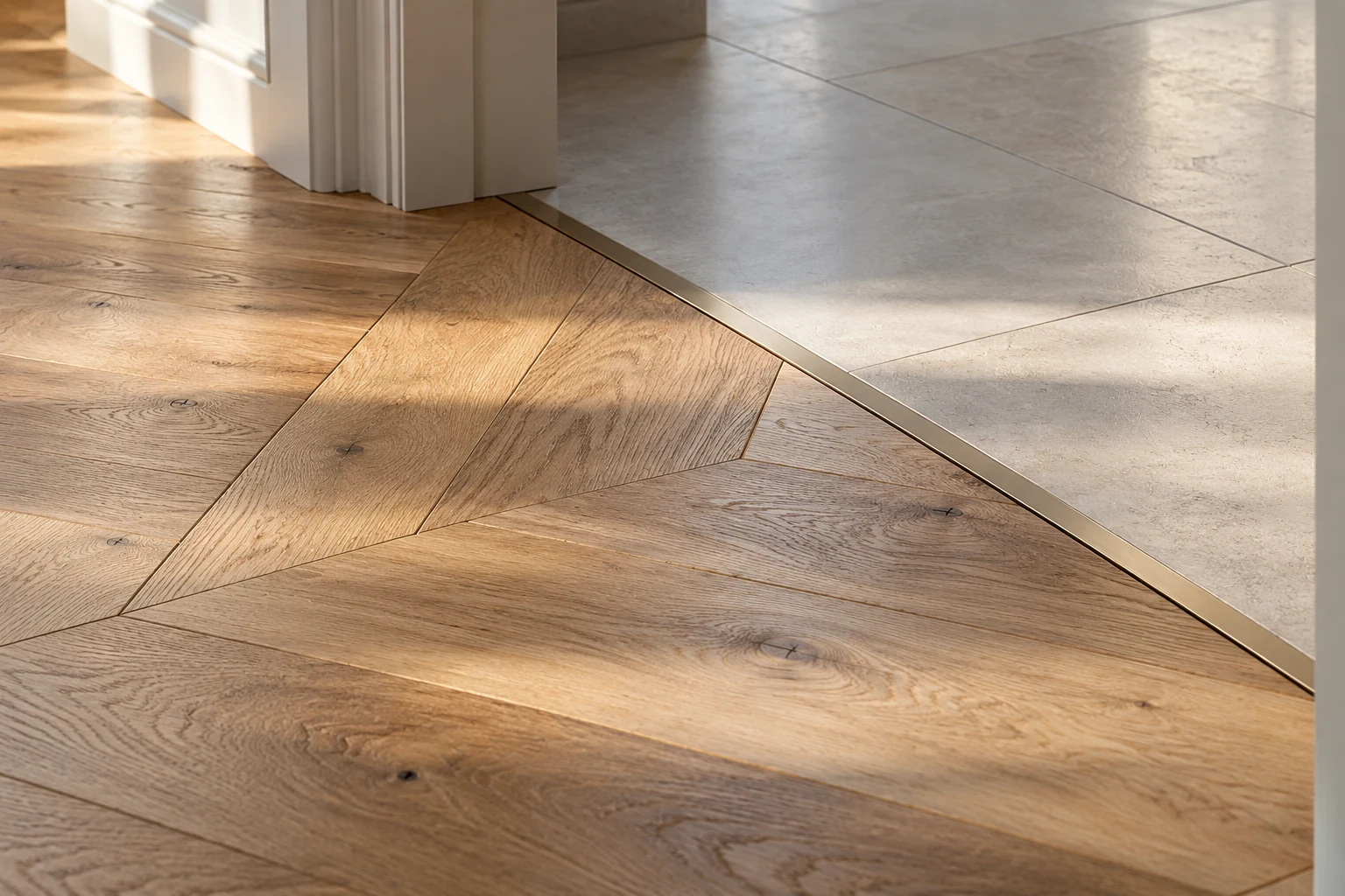 Illustrative finished timber floor junction with adjoining surfaces
