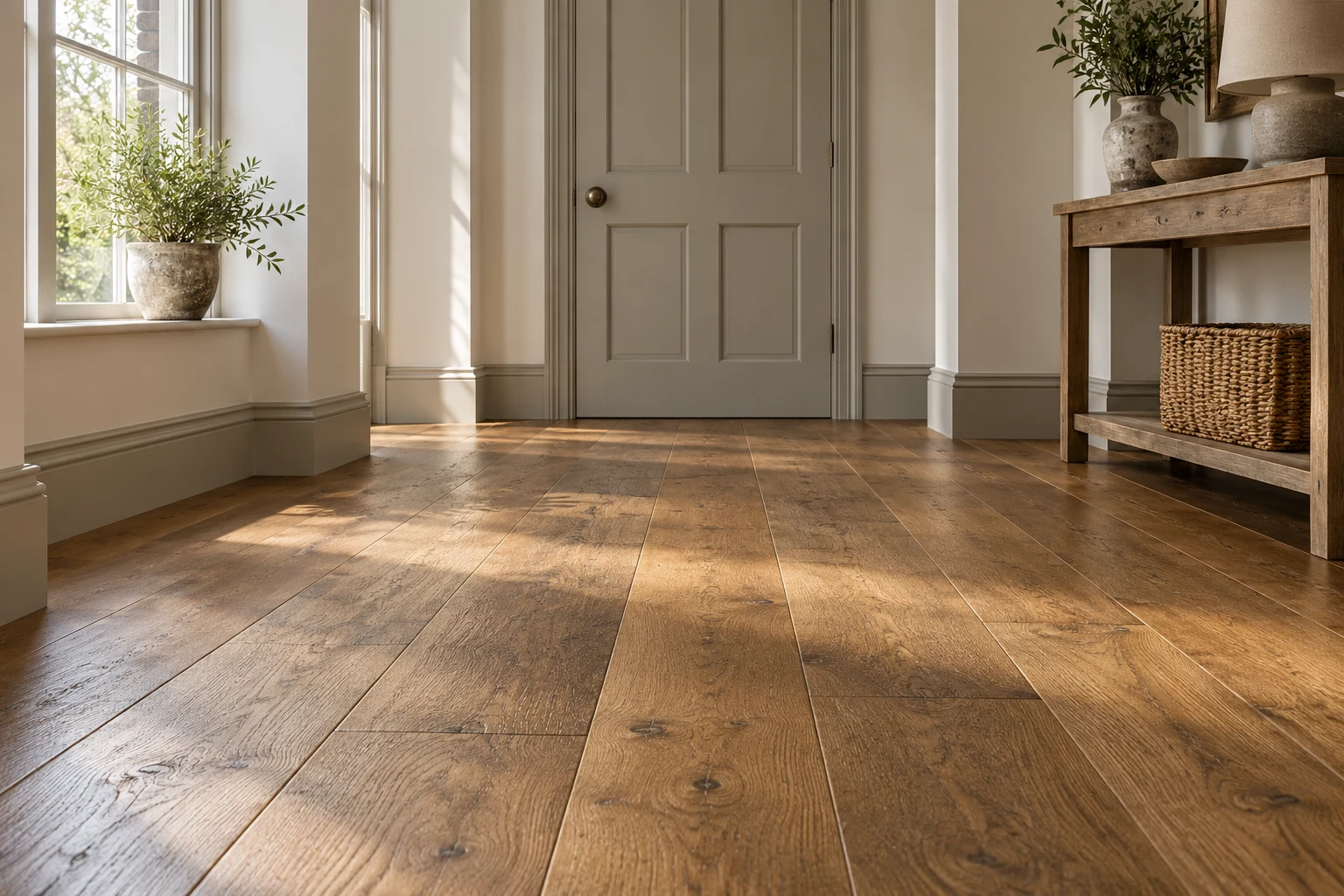 Illustrative hallway with a timber-effect floor and painted door surround