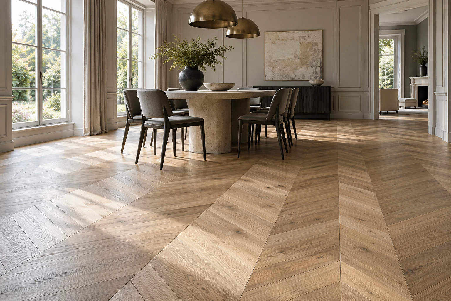 Illustrative British interior with soft natural oak chevron flooring