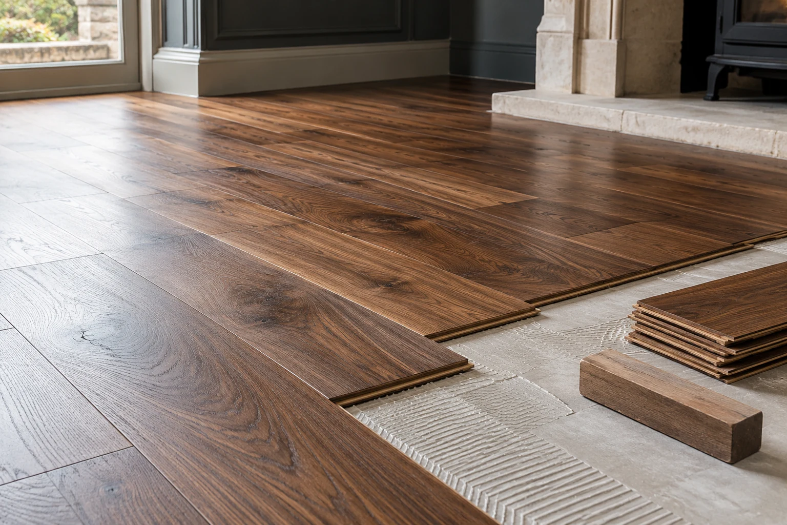 Illustrative partial timber-board floor installation beside prepared substrate