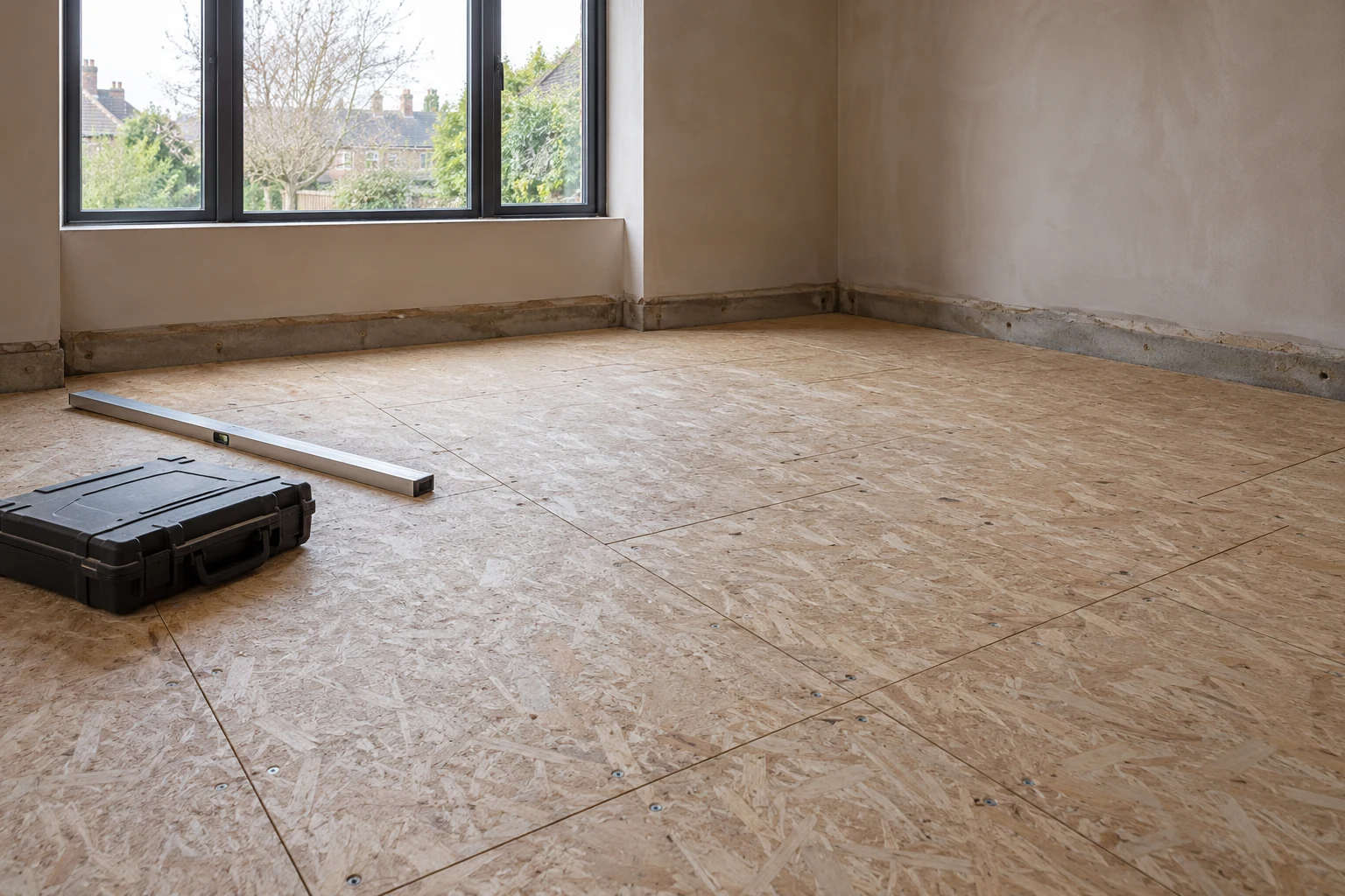 Illustrative prepared timber-based subfloor with a straightedge