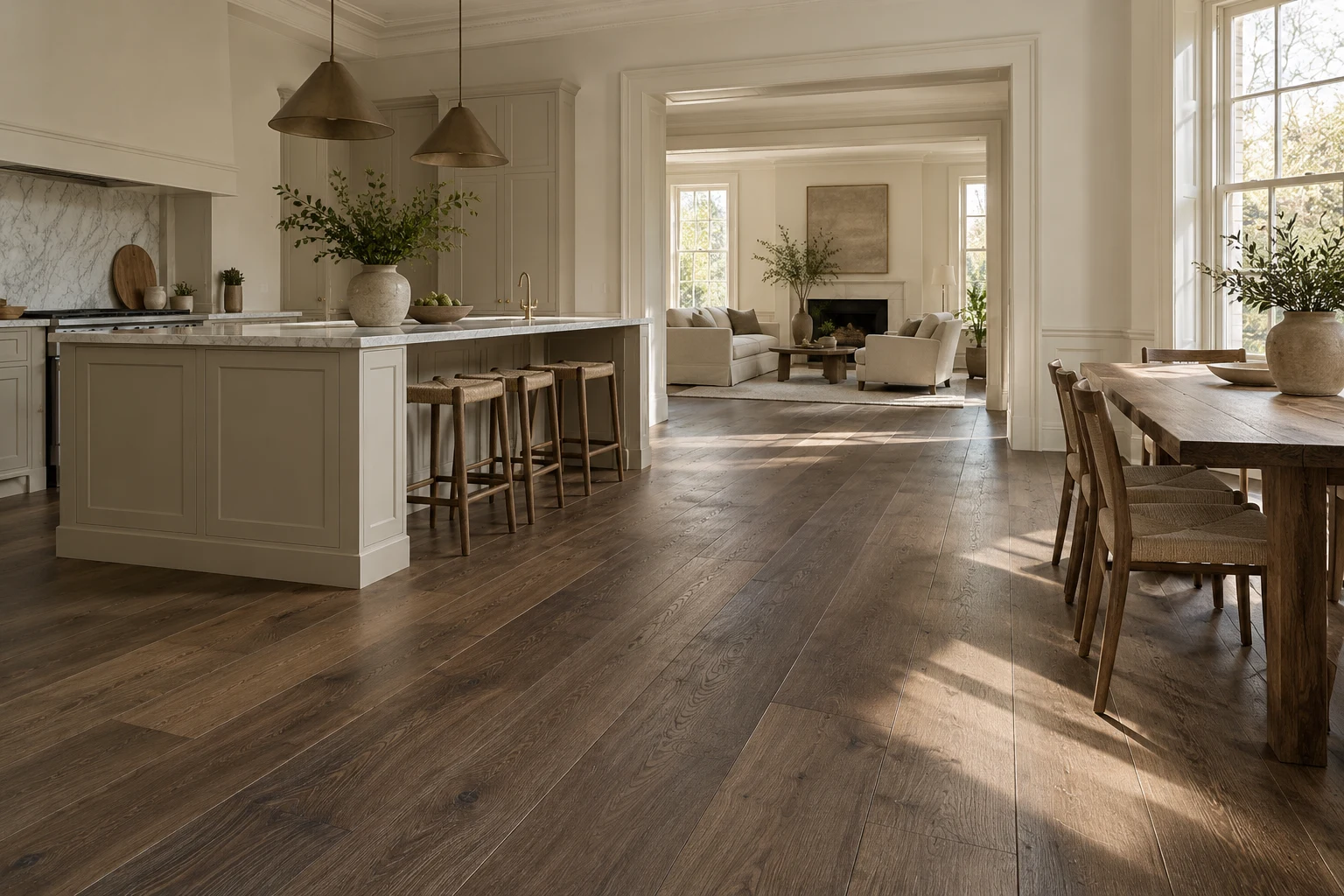 Illustrative kitchen-dining interior with timber plank flooring