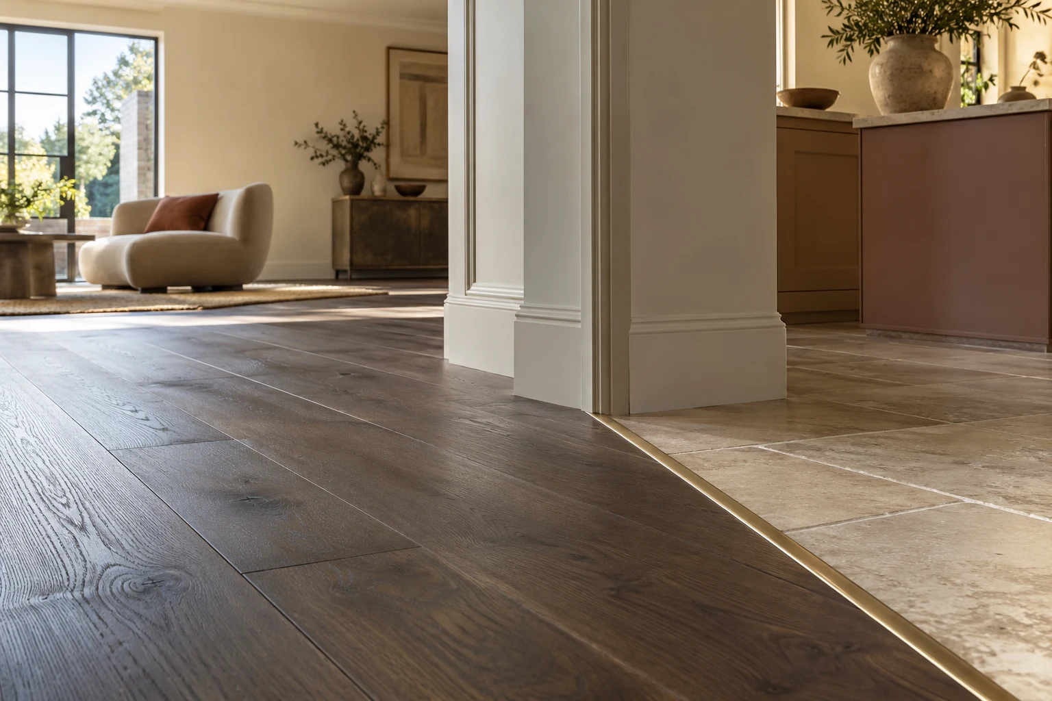 Illustrative finished timber floor junction with adjoining surfaces