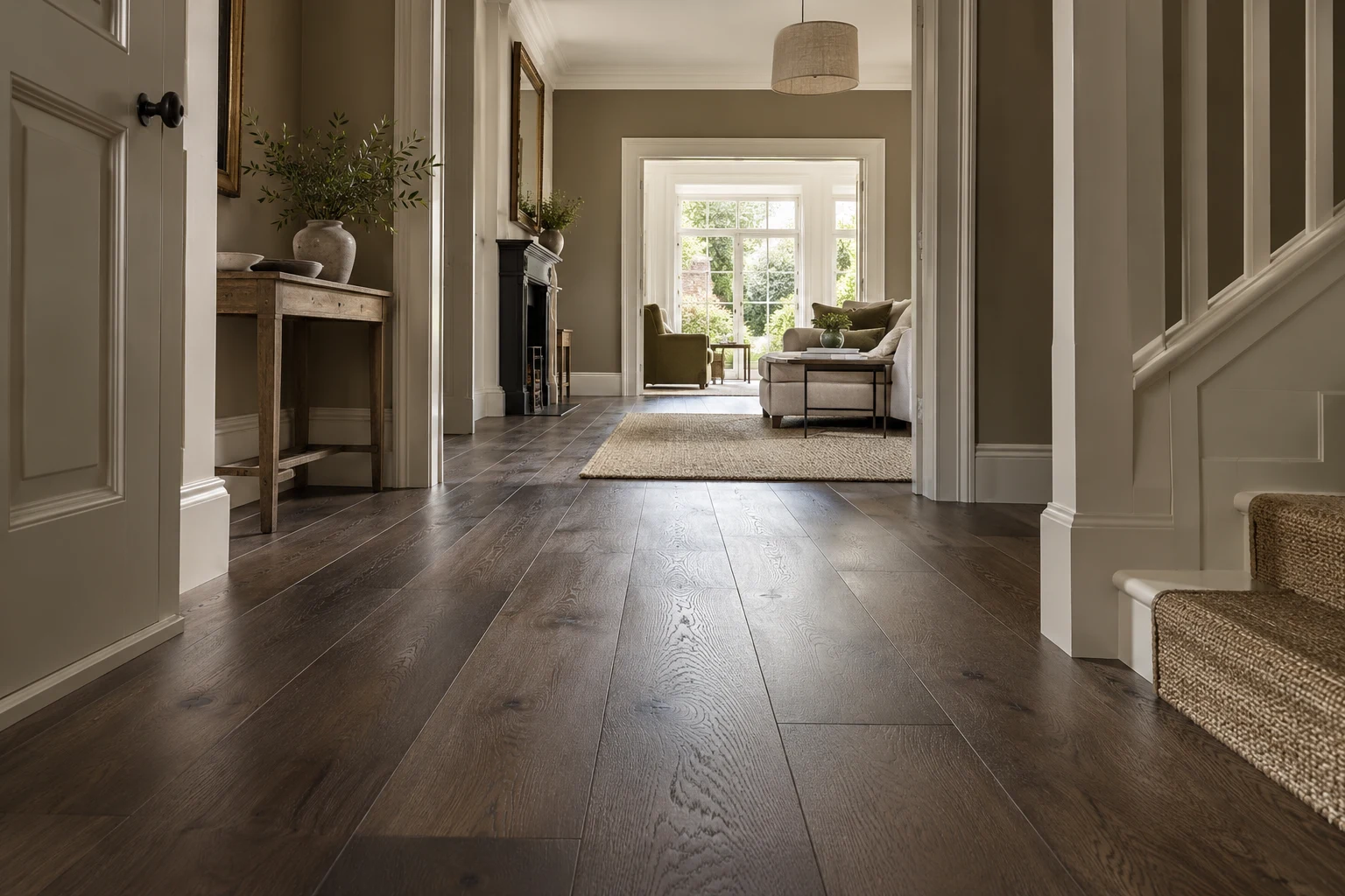 Illustrative hallway with a timber-effect floor and painted door surround