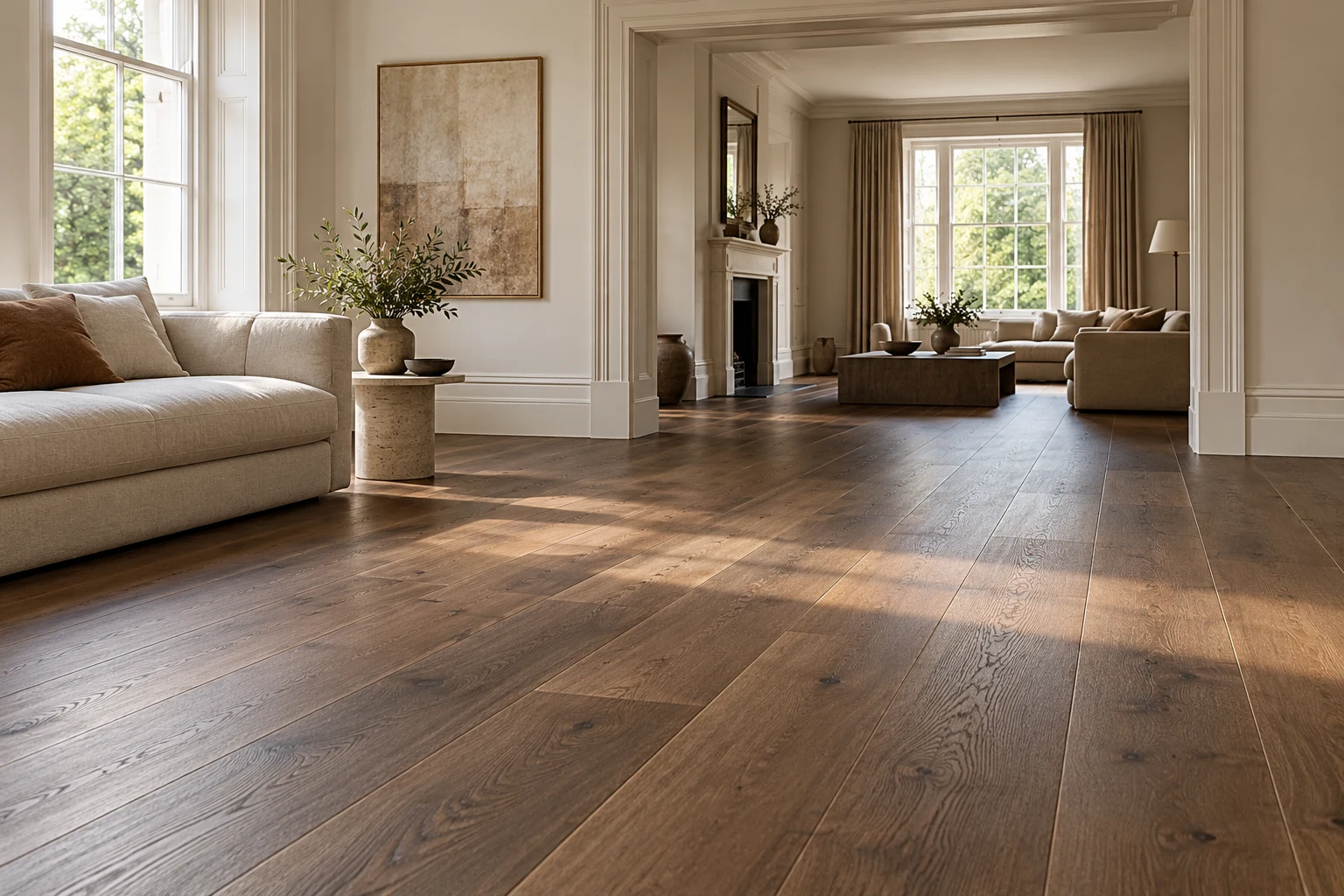 Illustrative British interior with smoked oak long-plank flooring