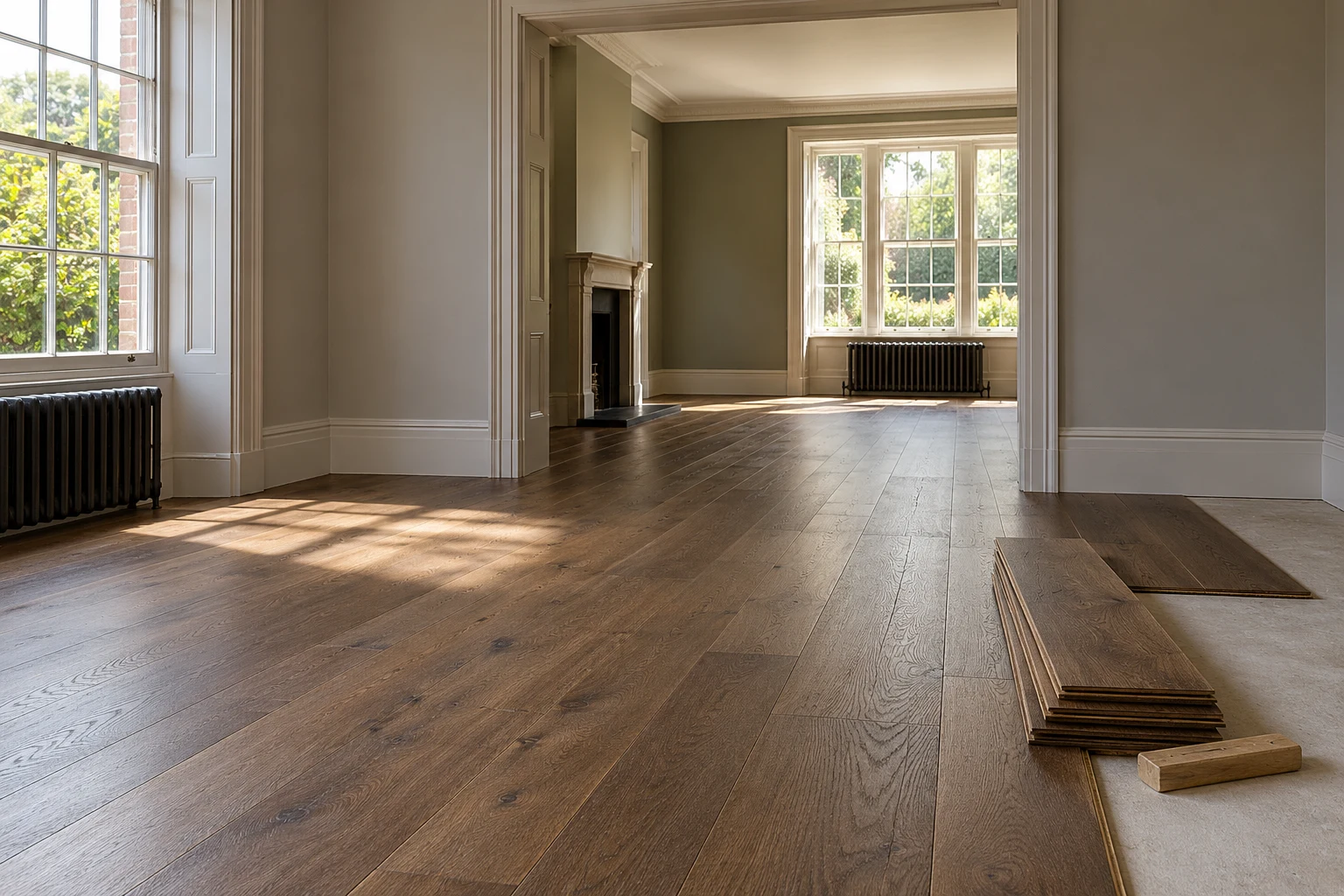 Illustrative partial timber-board floor installation beside prepared substrate