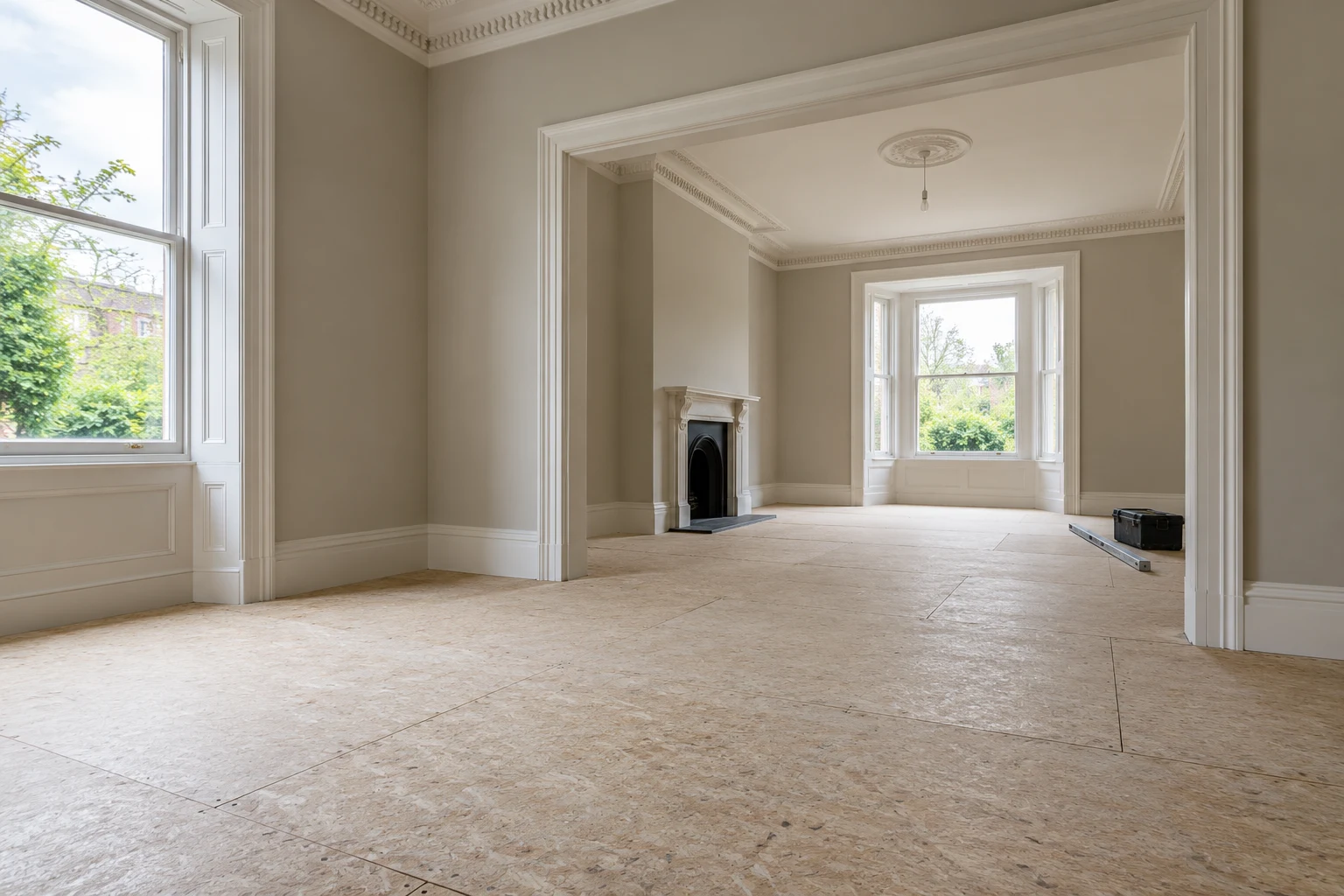 Illustrative prepared timber-based subfloor with a straightedge