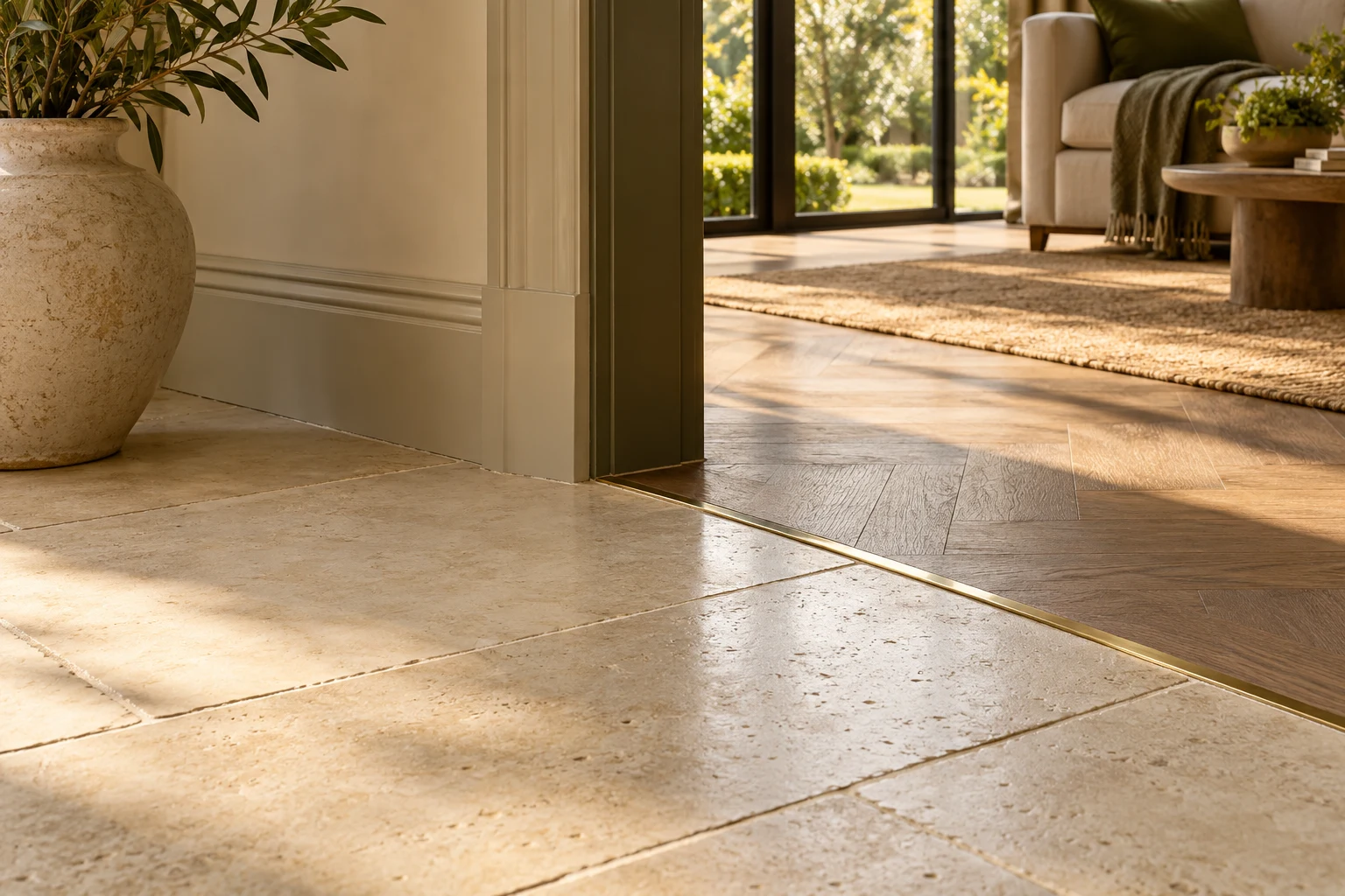 Illustrative limestone floor junction beside painted skirting and a door lining