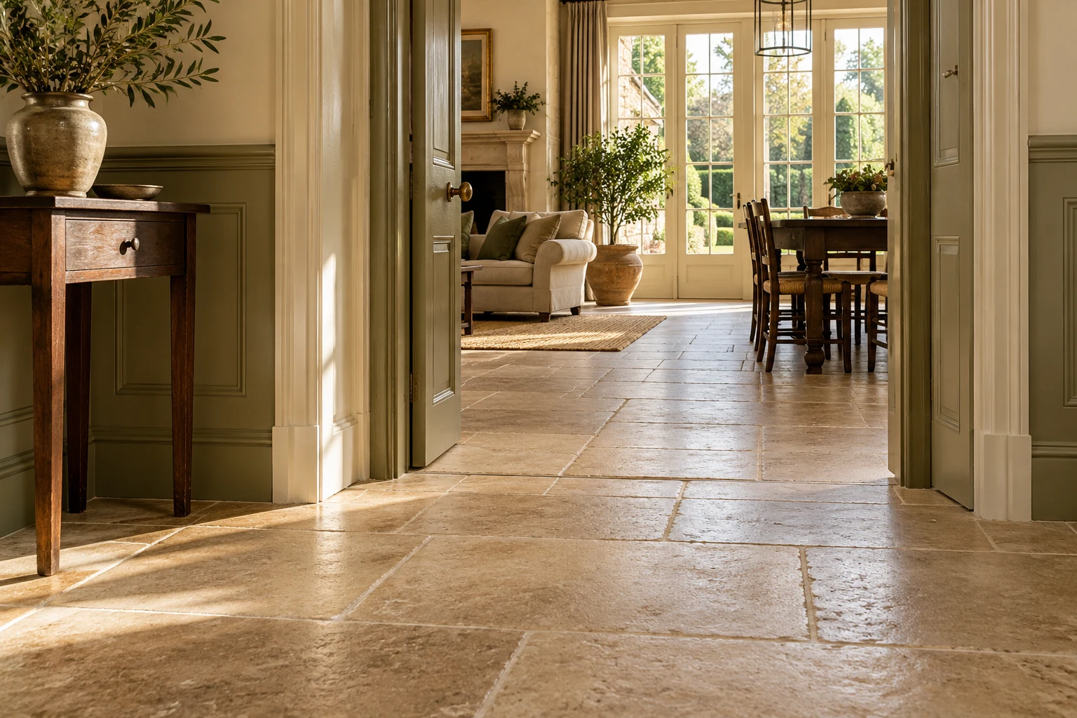 Illustrative hall with limestone tiles and painted door surrounds