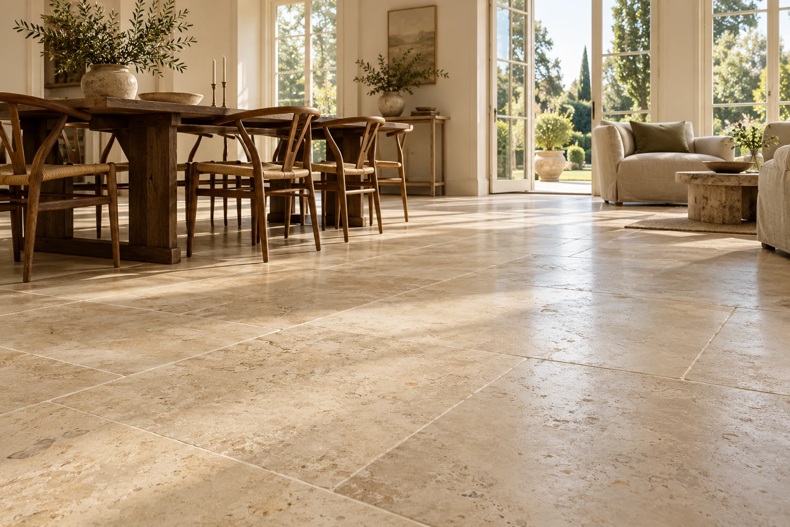 Illustrative dining and sitting room with warm limestone tile flooring