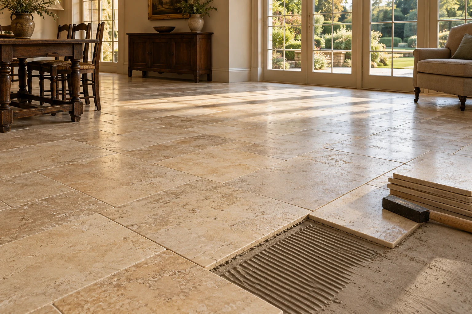 Illustrative partial stone tile installation beside prepared substrate