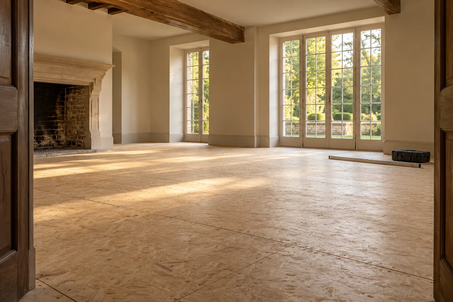 Illustrative prepared timber-based subfloor with a straightedge