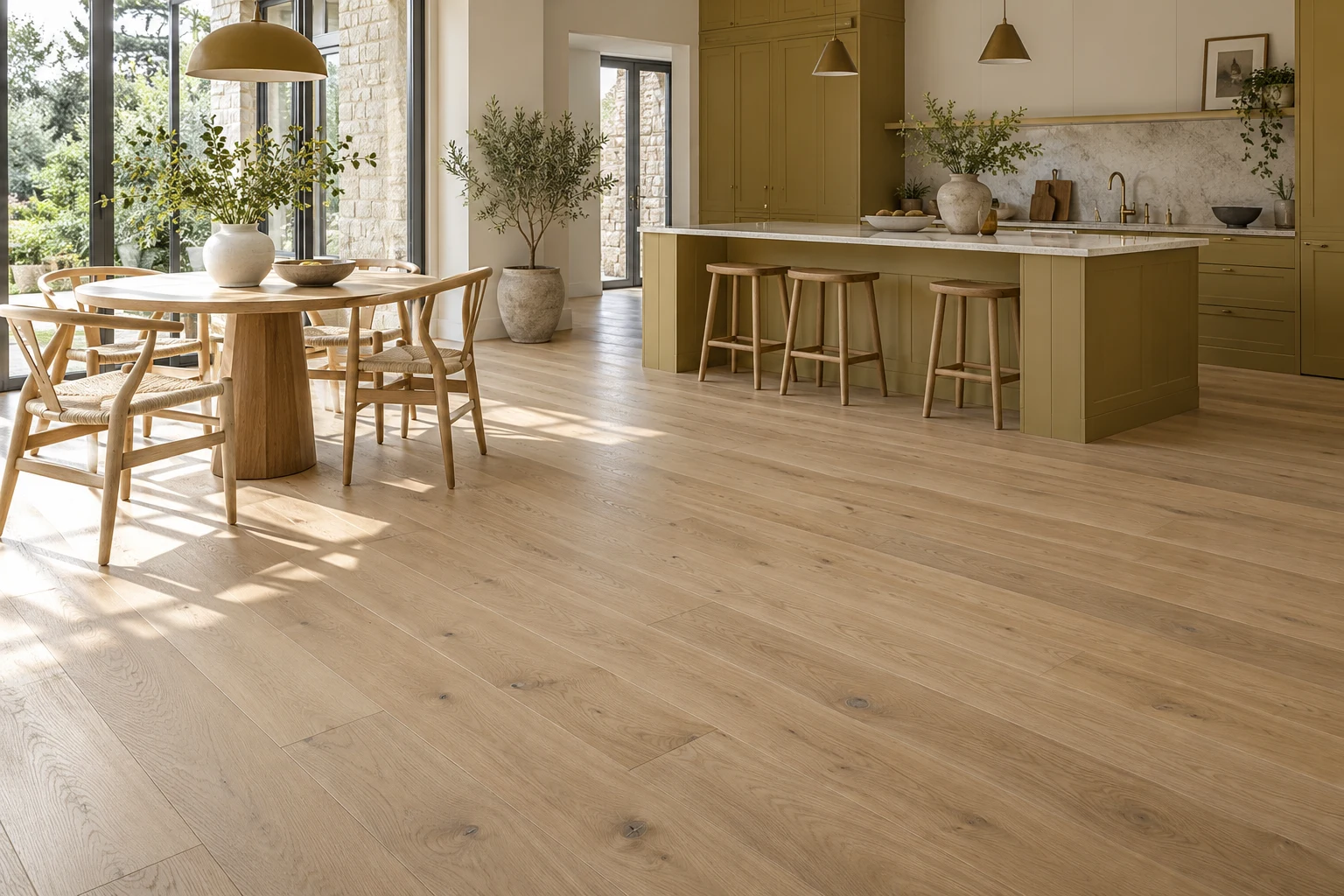 Illustrative kitchen-dining interior with timber plank flooring