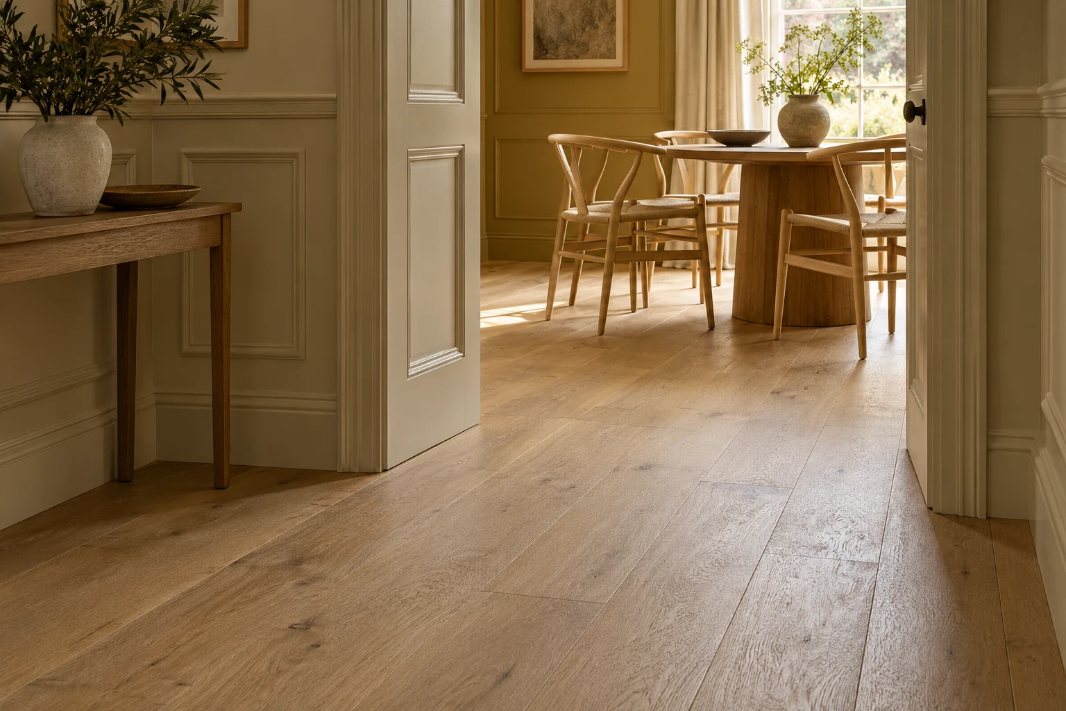 Illustrative hallway with a timber-effect floor and painted door surround