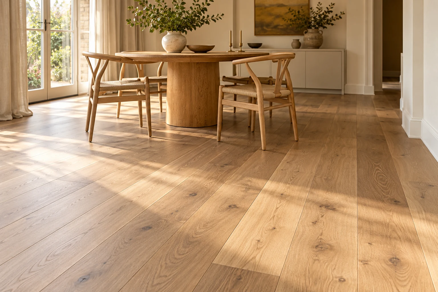 Illustrative British interior with soft natural oak straight-plank flooring