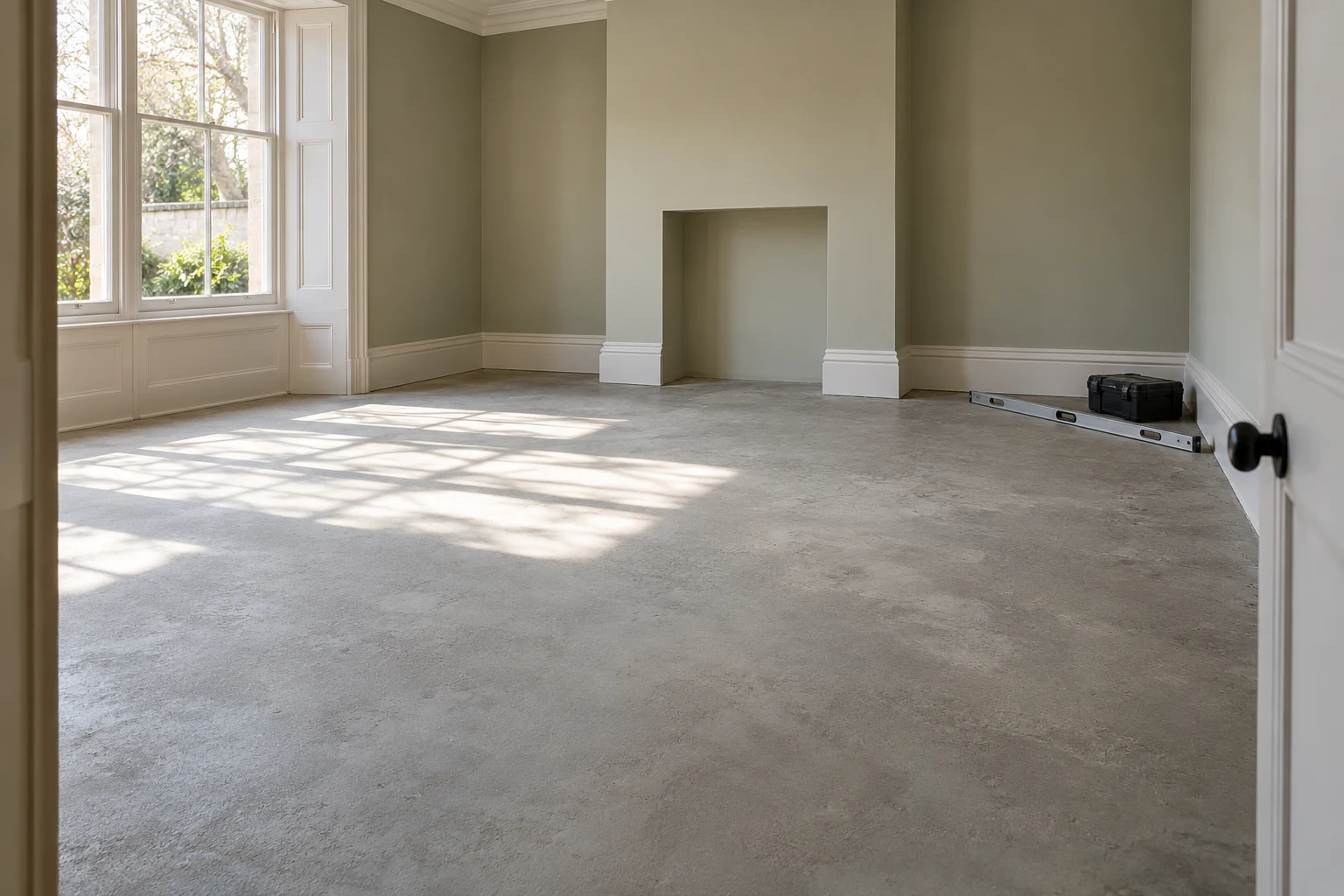 Illustrative prepared mineral subfloor with a straightedge