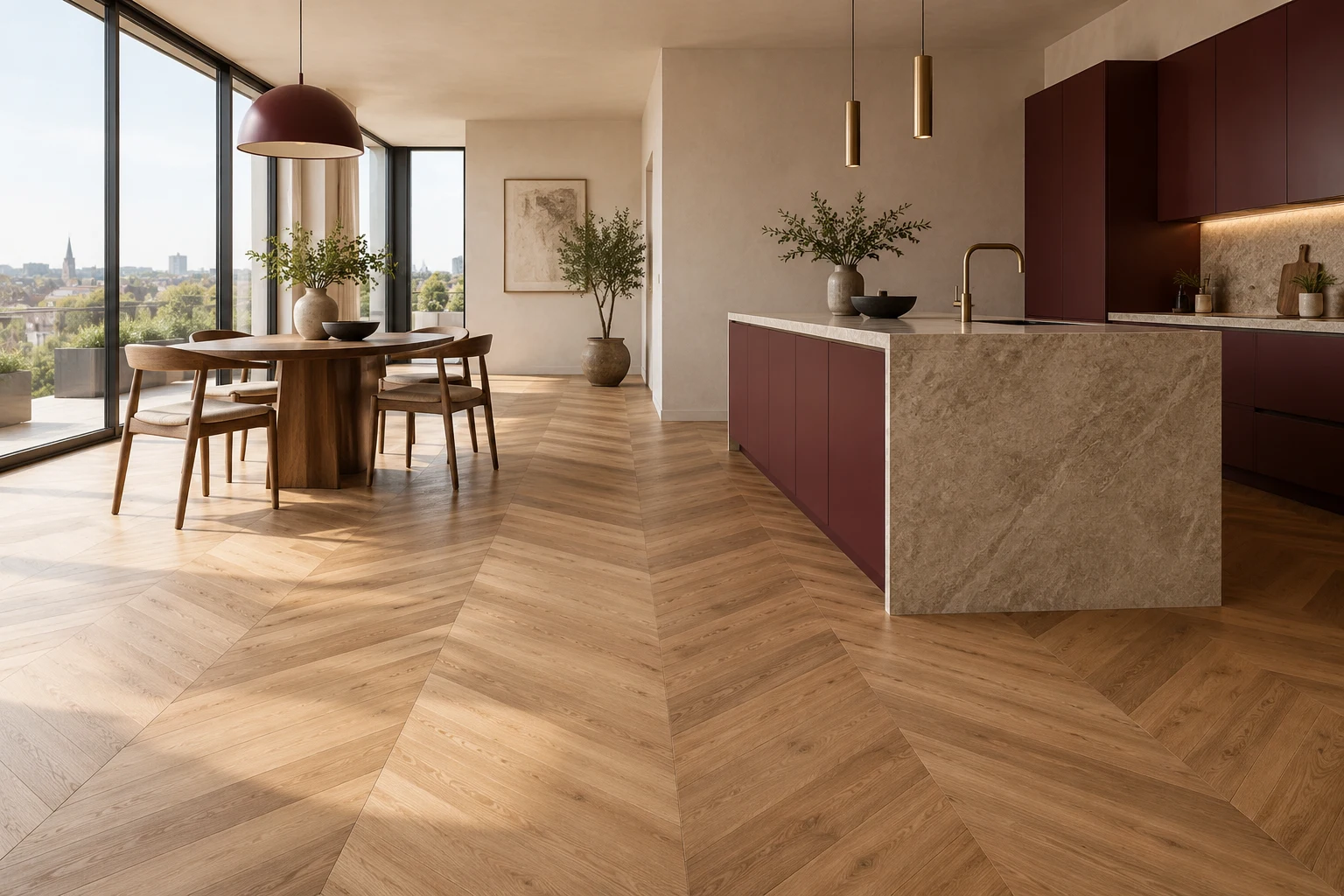 Illustrative kitchen-dining interior with timber plank flooring
