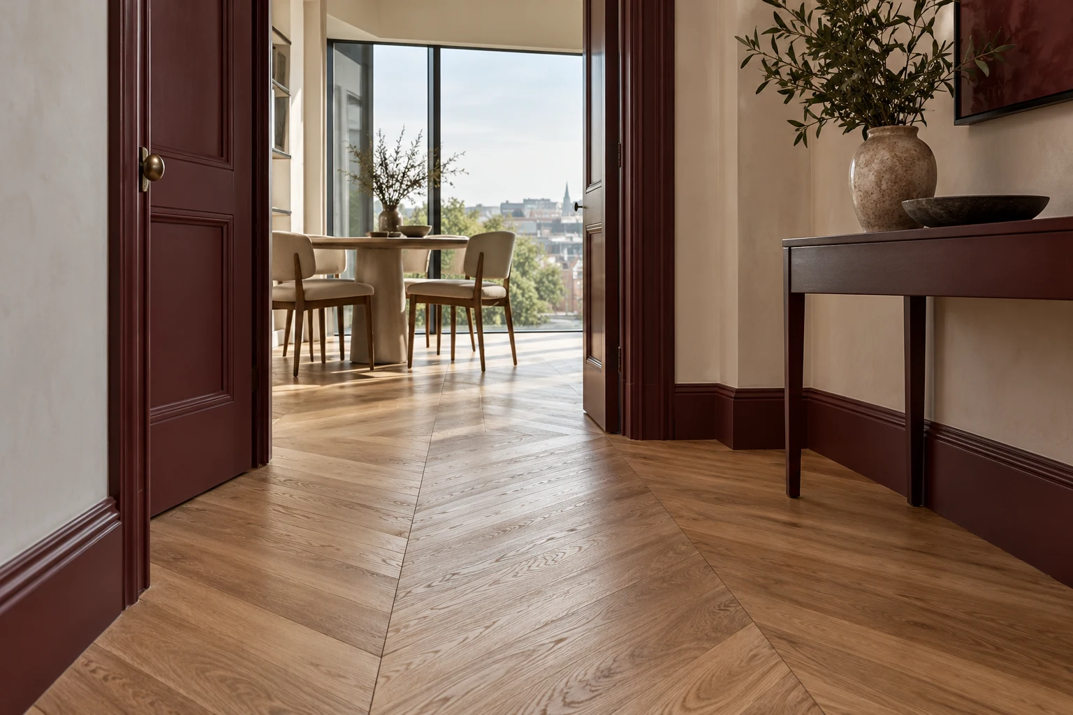 Illustrative hallway with a timber-effect floor and painted door surround