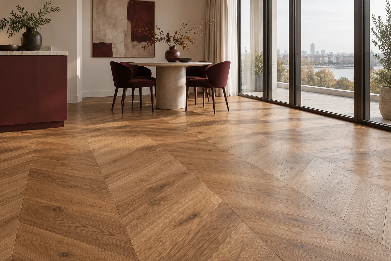 Illustrative British interior with natural mid-tone oak chevron flooring