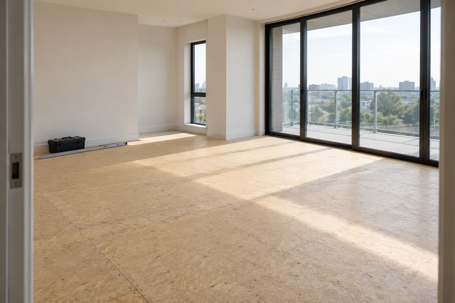 Illustrative prepared timber-based subfloor with a straightedge