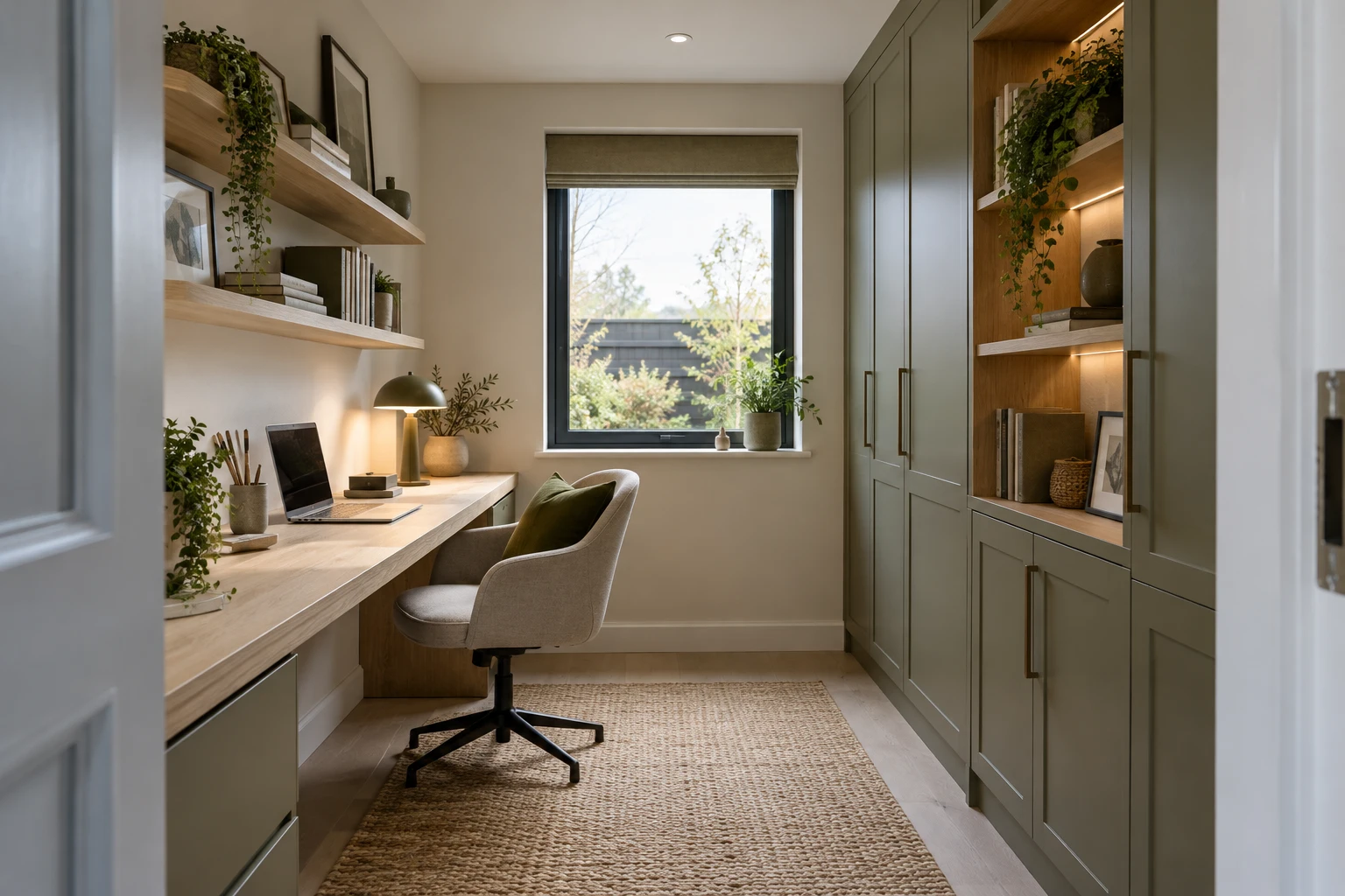 Illustrative converted garage arranged as a narrow home office