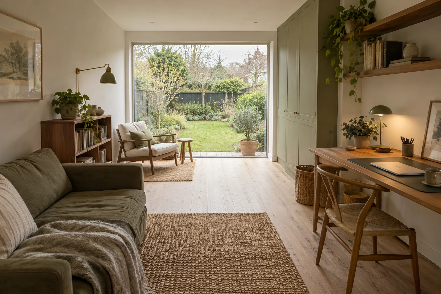 Illustrative former garage arranged as a garden-facing domestic studio with a writing desk
