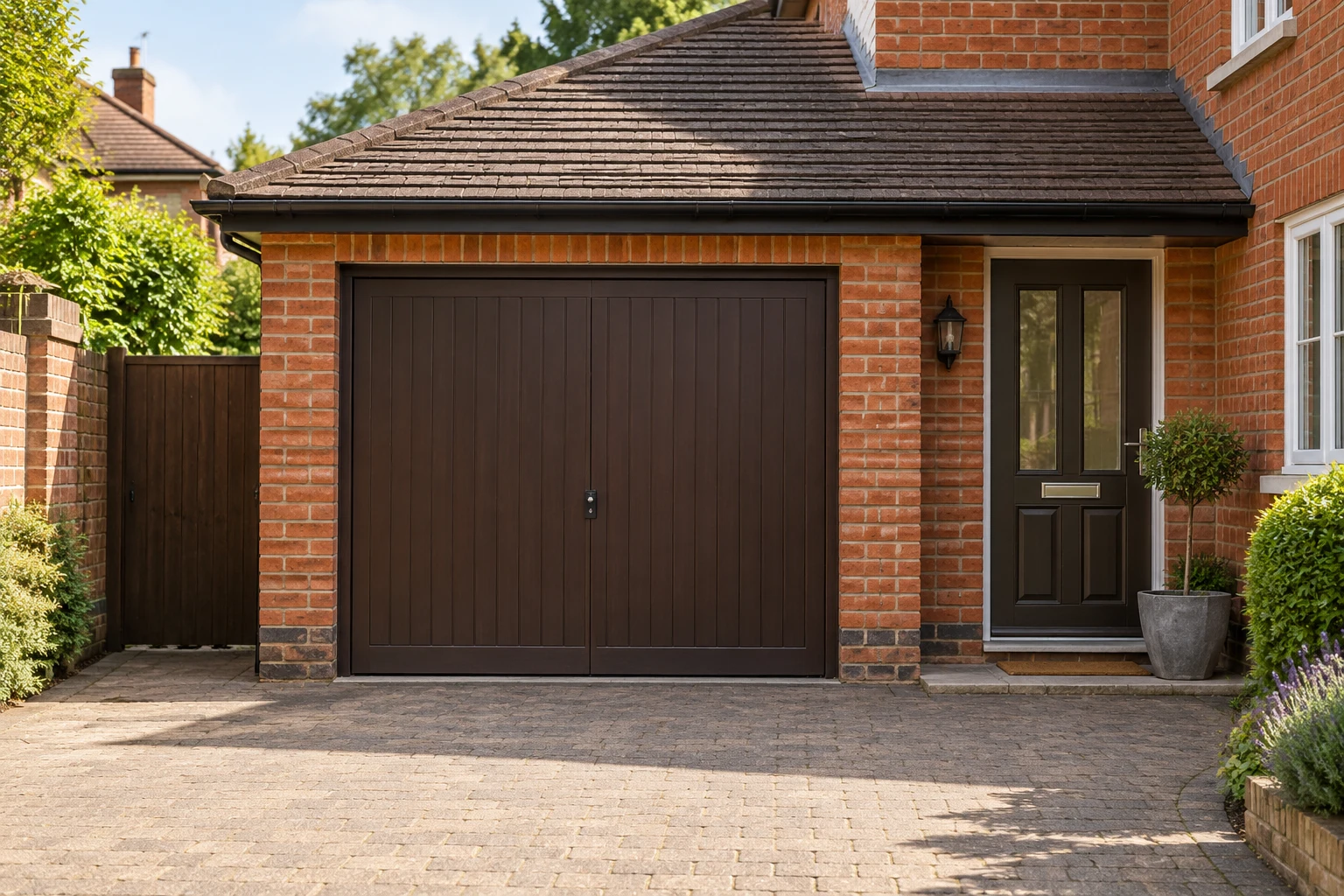 Concept visualisation of an imagined British building with an existing timber garage door