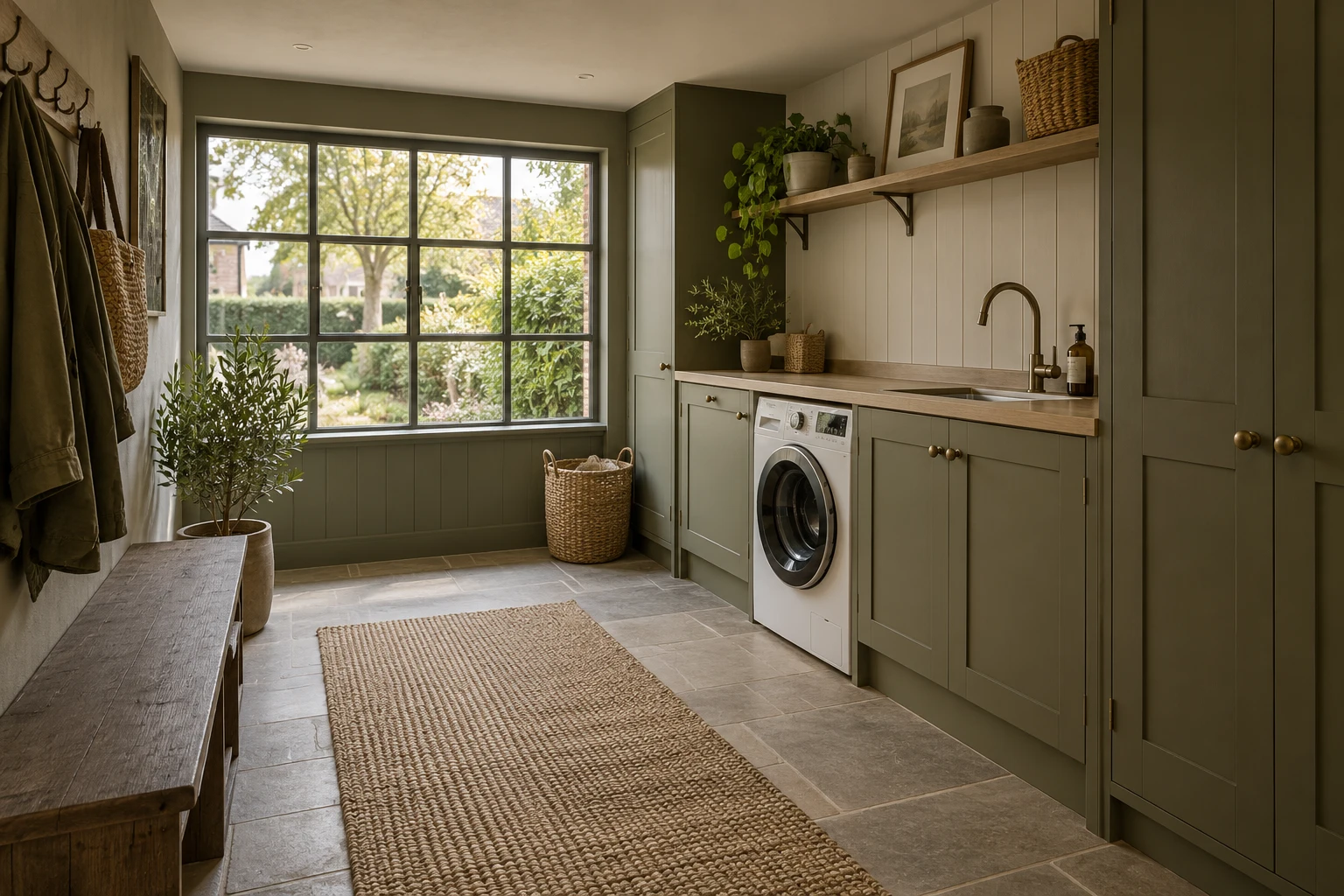 Illustrative former garage arranged as a small utility room with space beside a closed washing machine