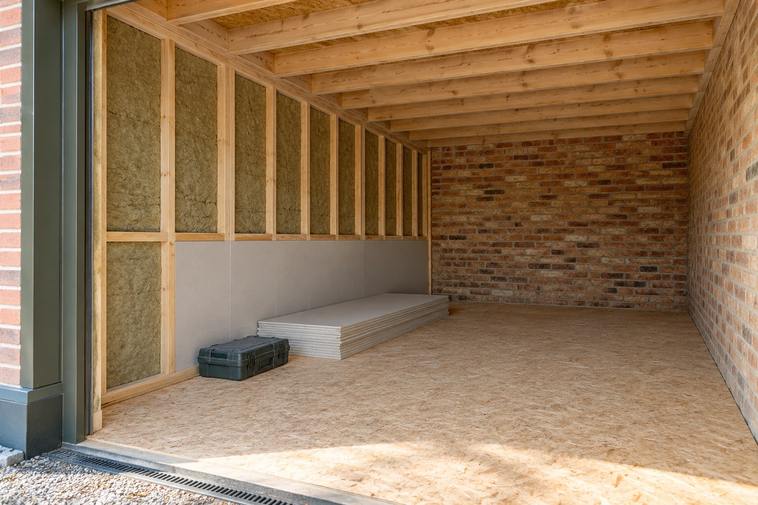 Illustrative garage conversion preparation with a dry floor and partly insulated wall lining