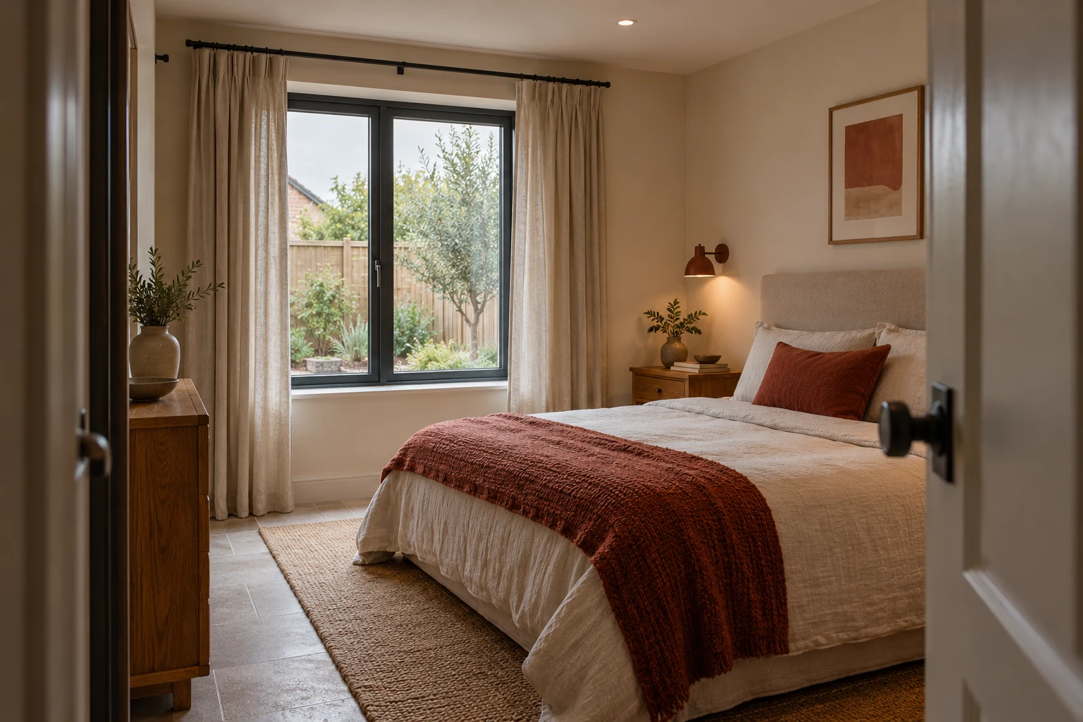 Illustrative converted garage arranged as a compact guest bedroom