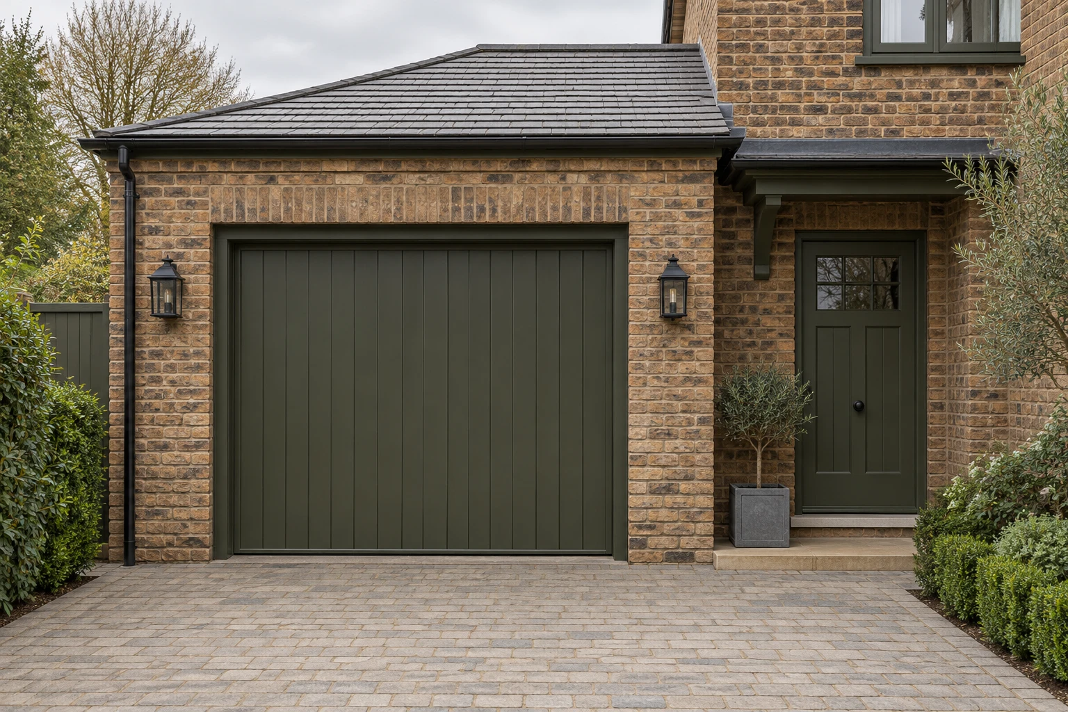 Concept visualisation of an imagined British building with an existing timber garage door
