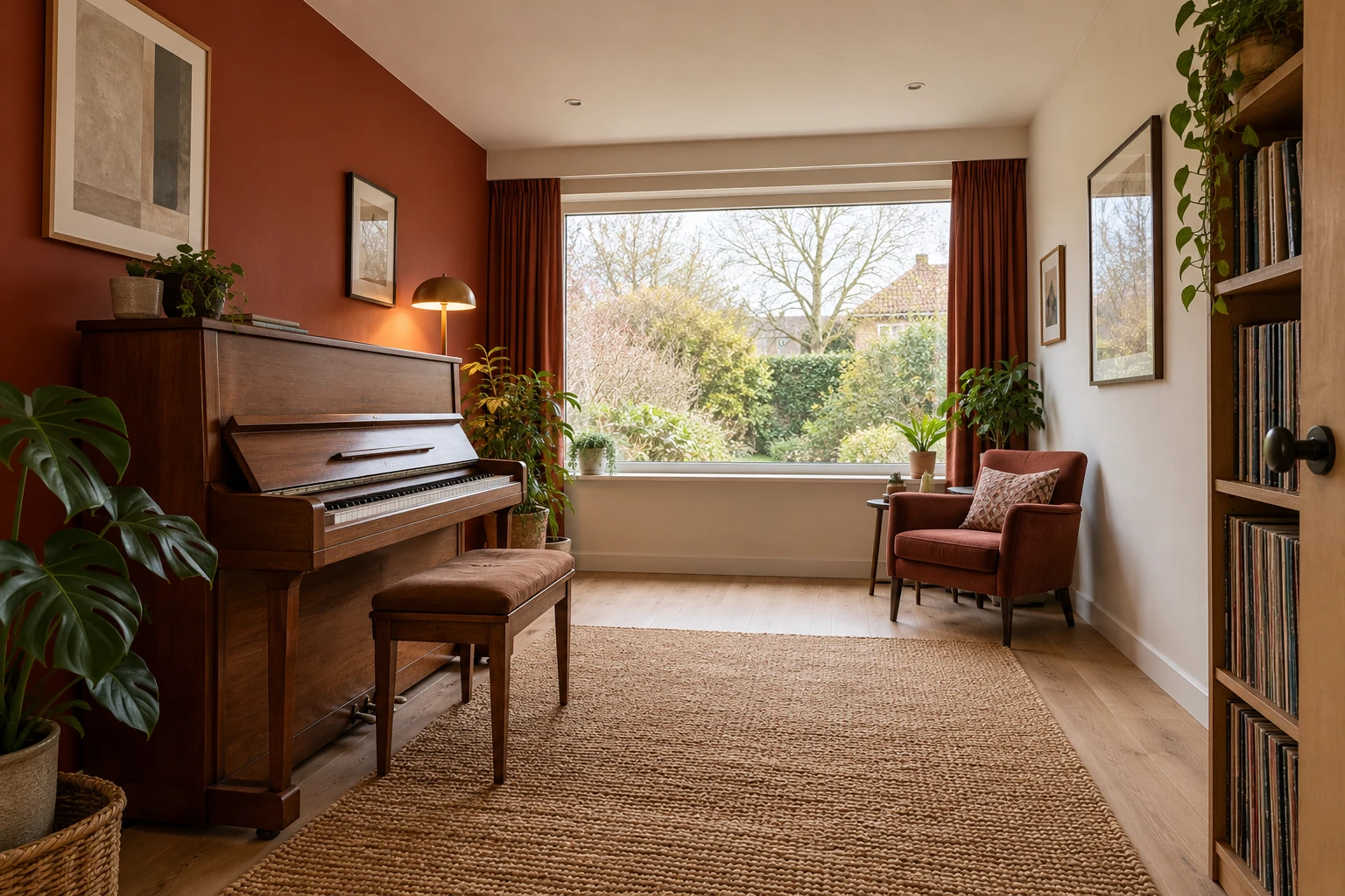 Illustrative former garage arranged as a small domestic music room with a simple upright piano
