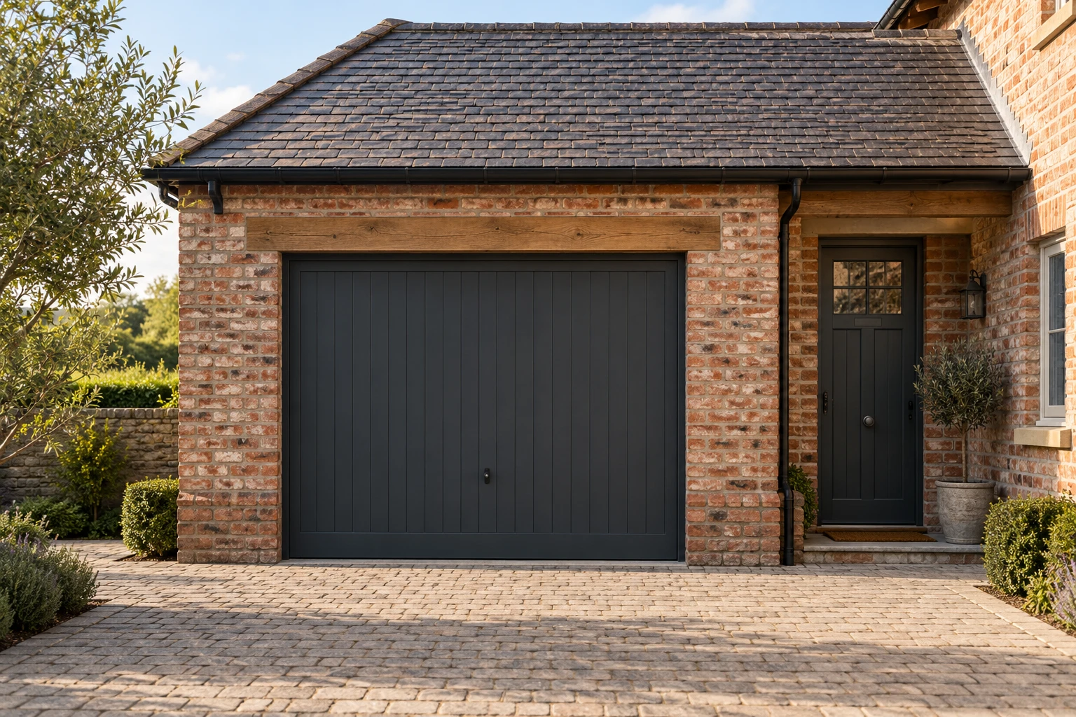 Concept visualisation of an imagined British building with an existing timber garage door