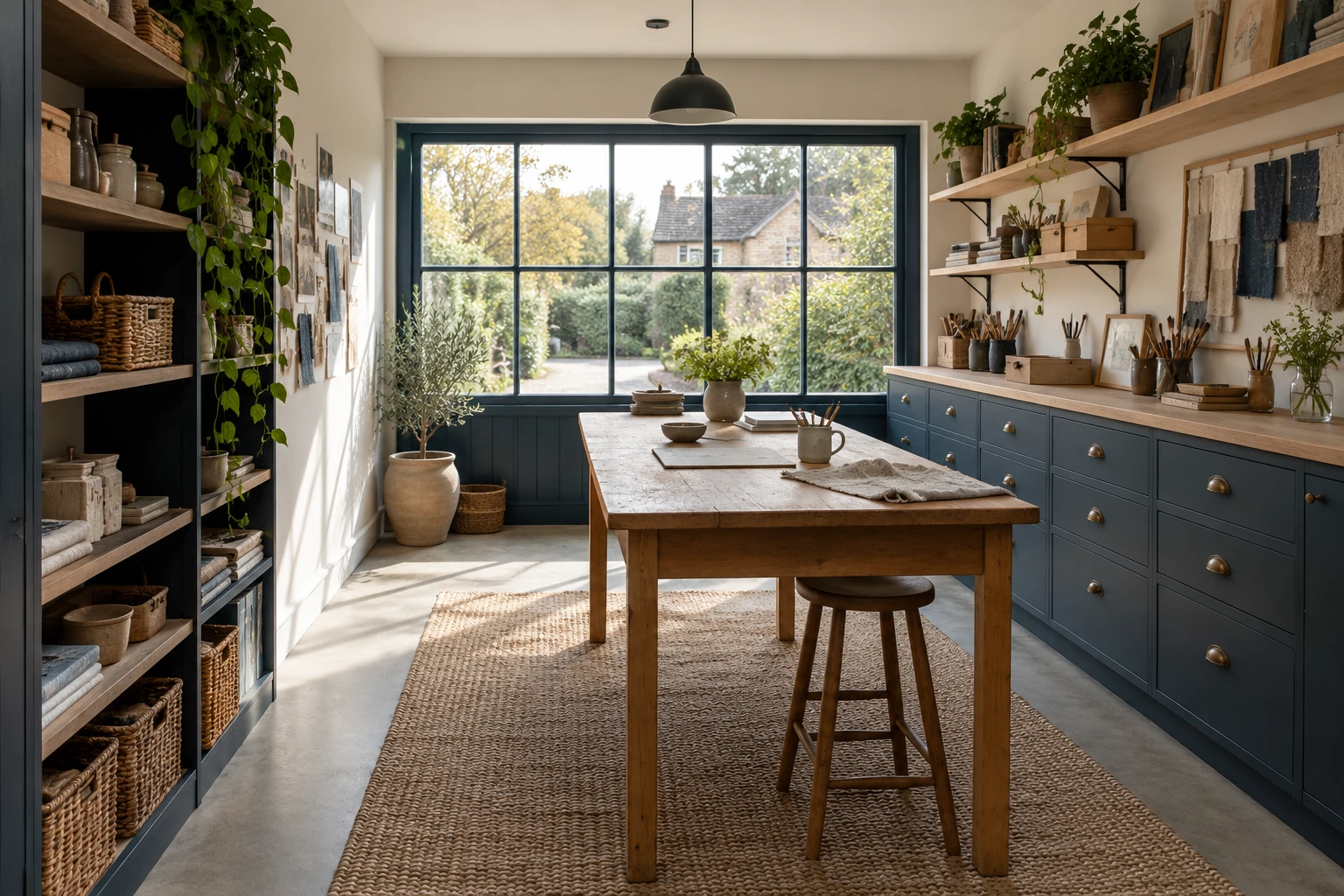 Illustrative former garage arranged as a domestic craft room with one clean timber worktable