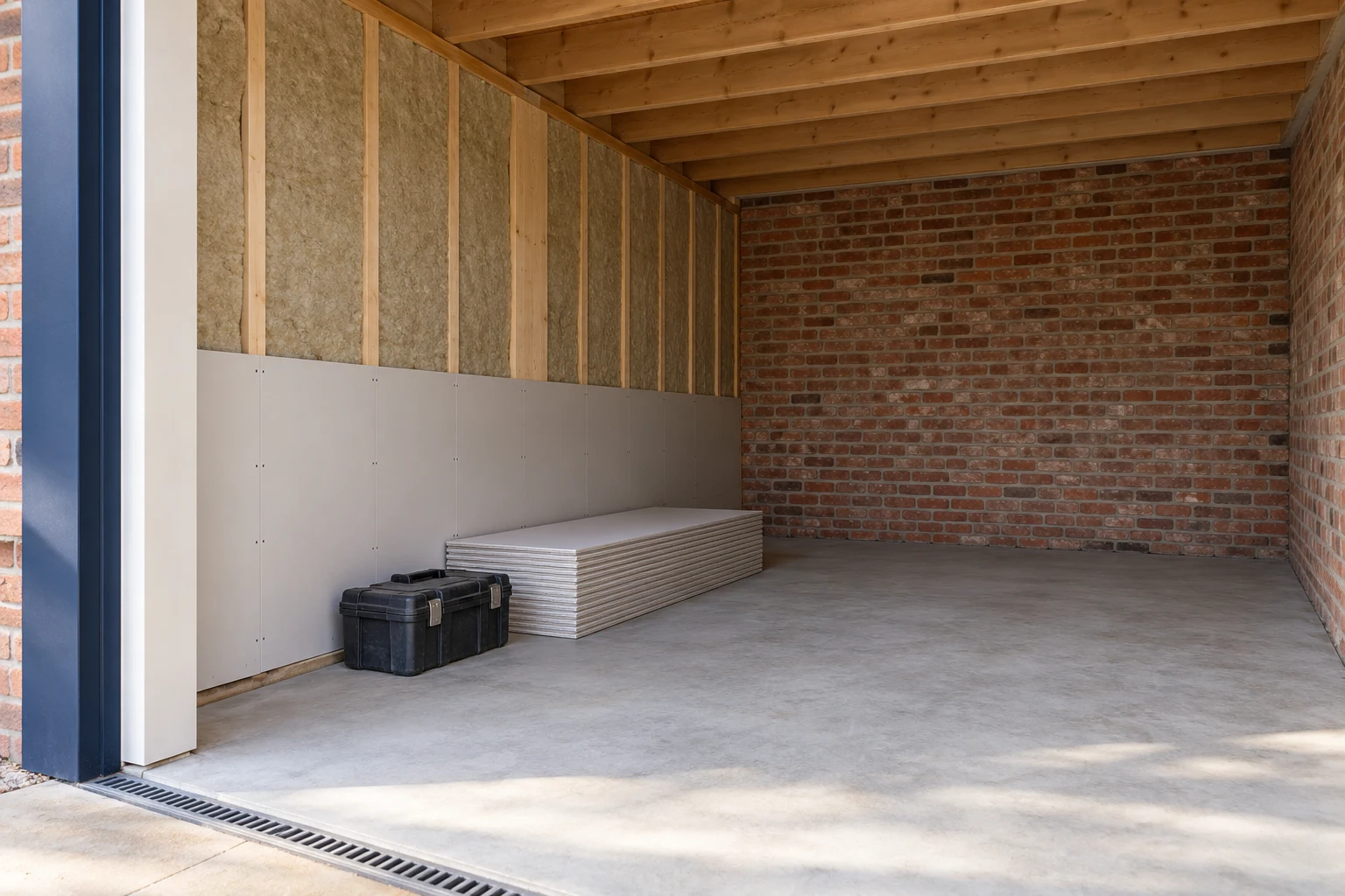 Illustrative garage conversion preparation with a dry floor and partly insulated wall lining