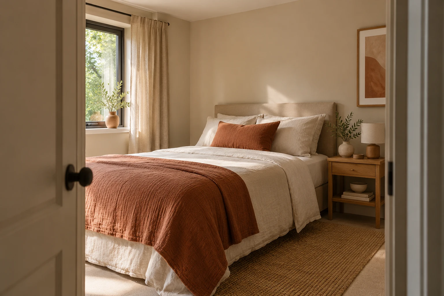 Illustrative converted garage arranged as a compact guest bedroom