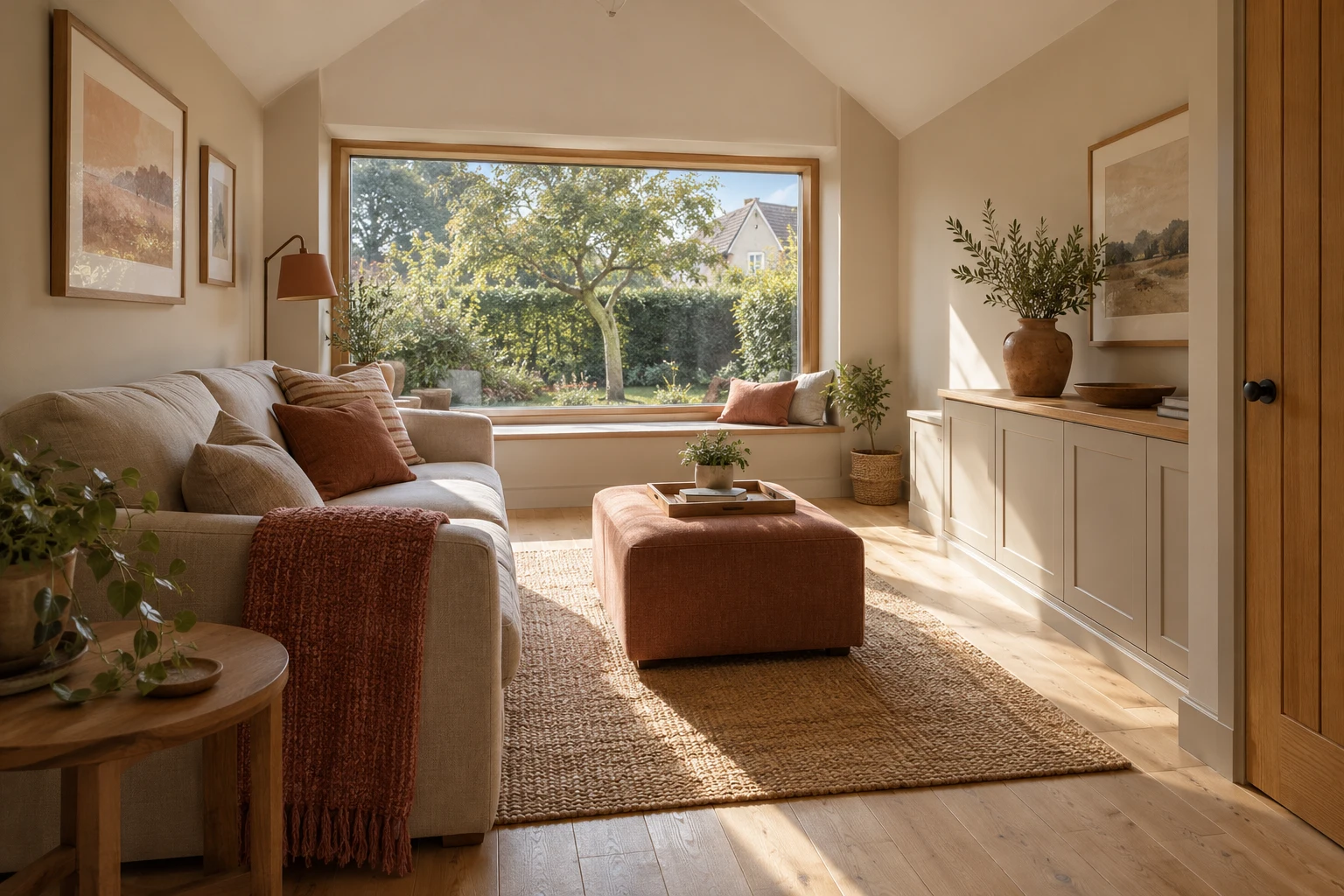 Illustrative former garage arranged as a quiet family room with a modest pitched ceiling