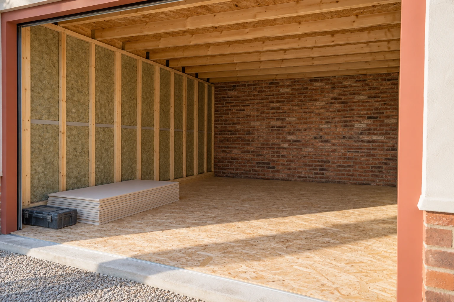 Illustrative garage conversion preparation with a dry floor and partly insulated wall lining