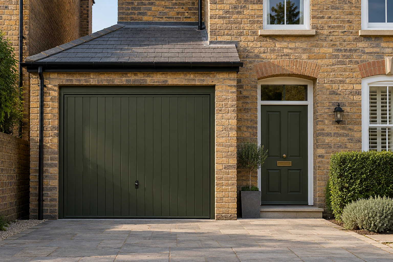Concept visualisation of an imagined British building with an existing timber garage door
