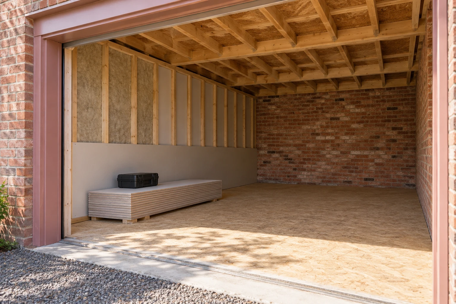 Illustrative garage conversion preparation with a dry floor and partly insulated wall lining