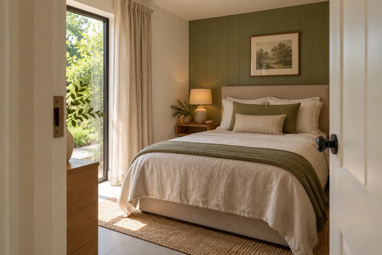 Illustrative converted garage arranged as a compact guest bedroom