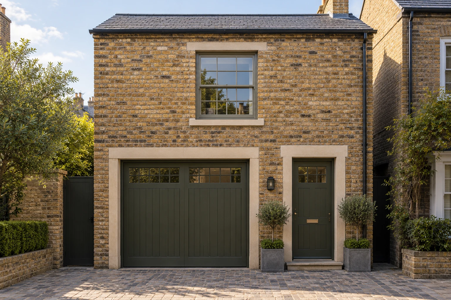 Concept visualisation of an imagined British building with an existing timber garage door